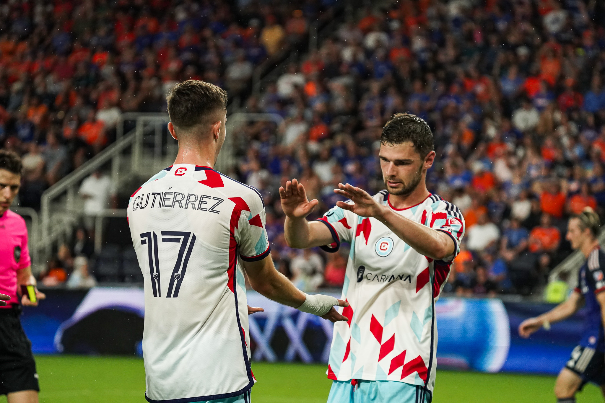 Brian Gutiérrez (17) high fives Hugo Cuypers (9) at their game against FC Cincinnati at TQL Stadium on July 17, 2024