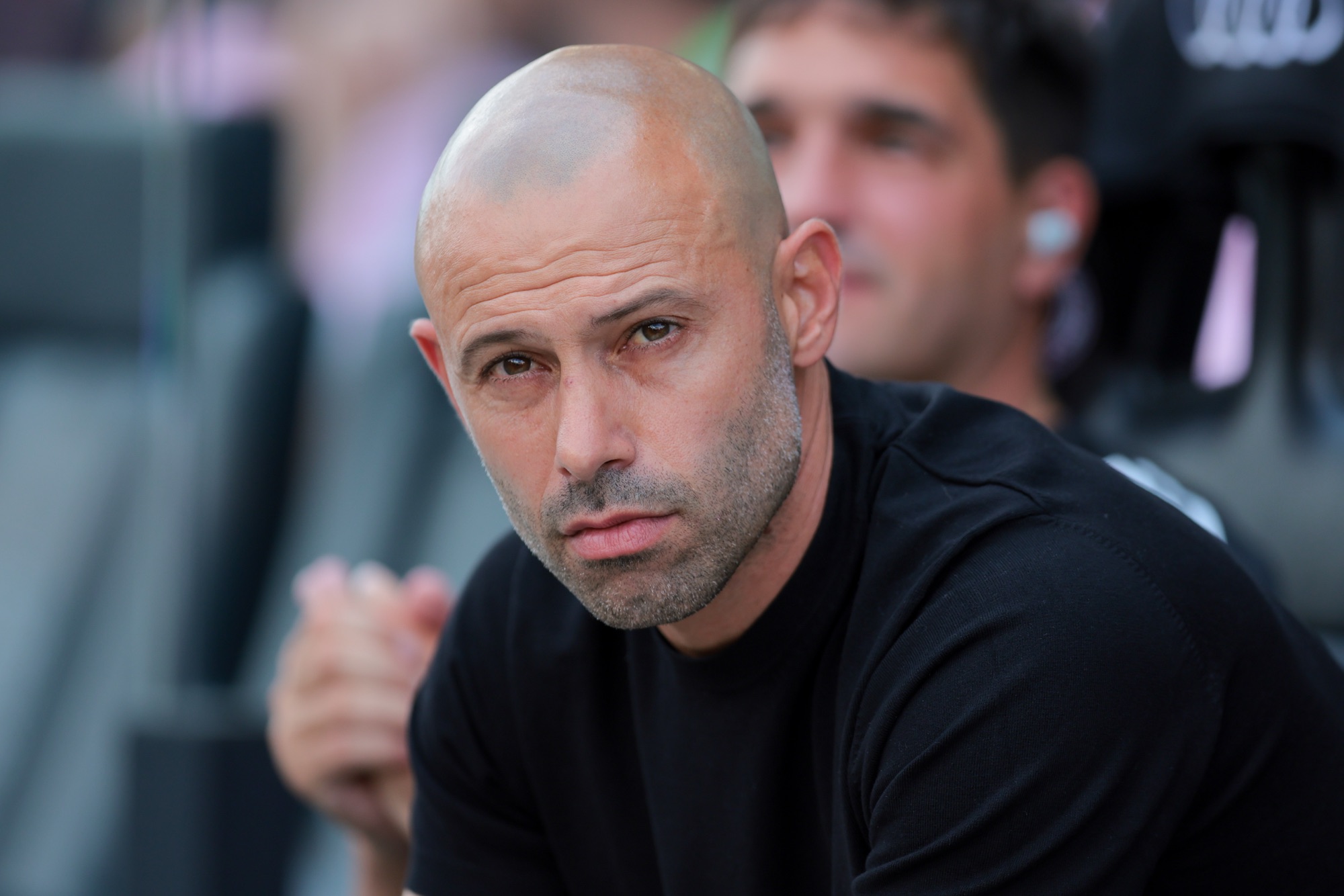Mar 9, 2025; Fort Lauderdale, Florida, USA; Inter Miami CF head coach Javier Mascherano looks on from the bench before the game against Charlotte FC at Chase Stadium