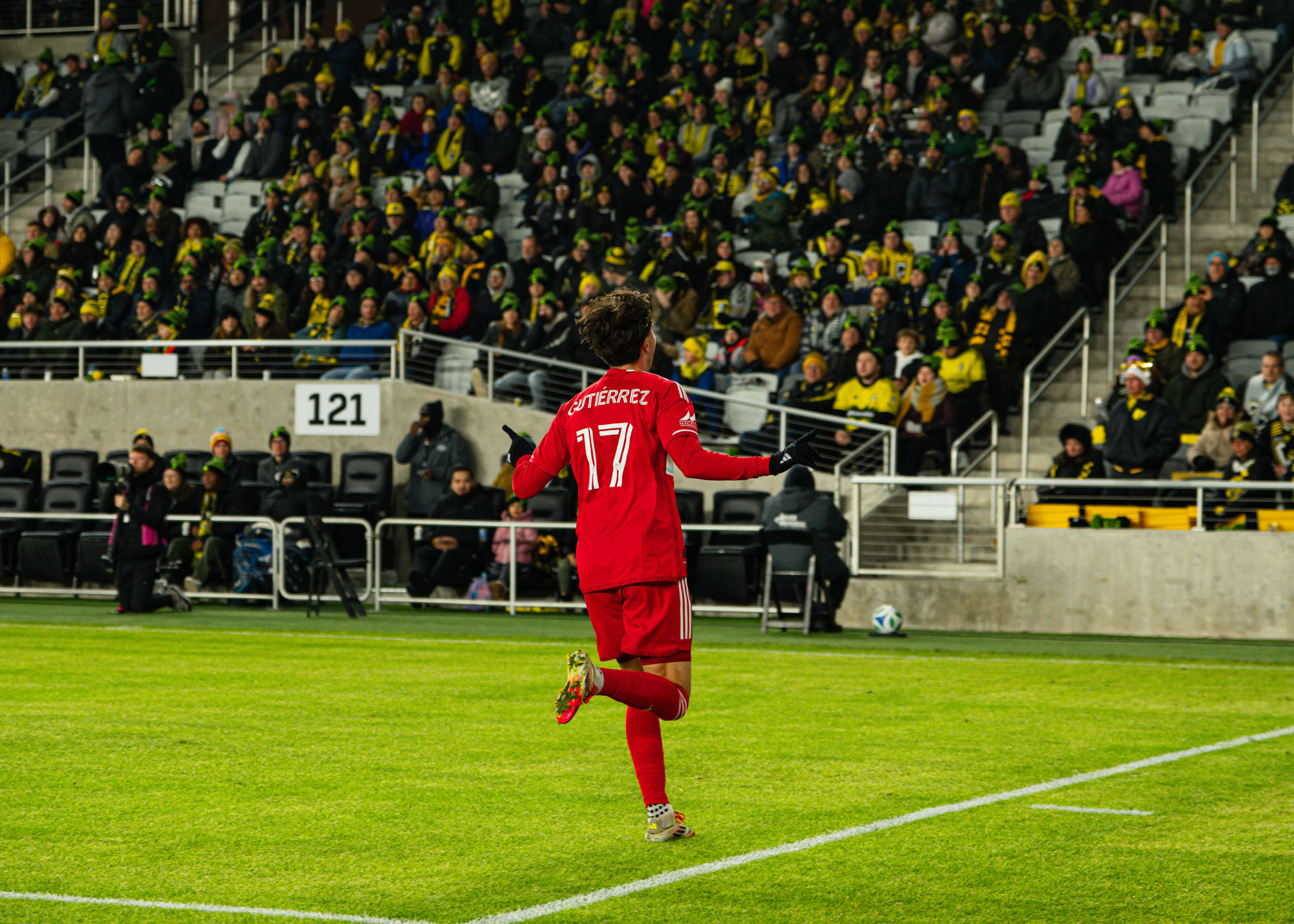 Brian Gutiérrez (17) celebrates a goal at Lower.com Field in Columbus, OH on February 22, 2025