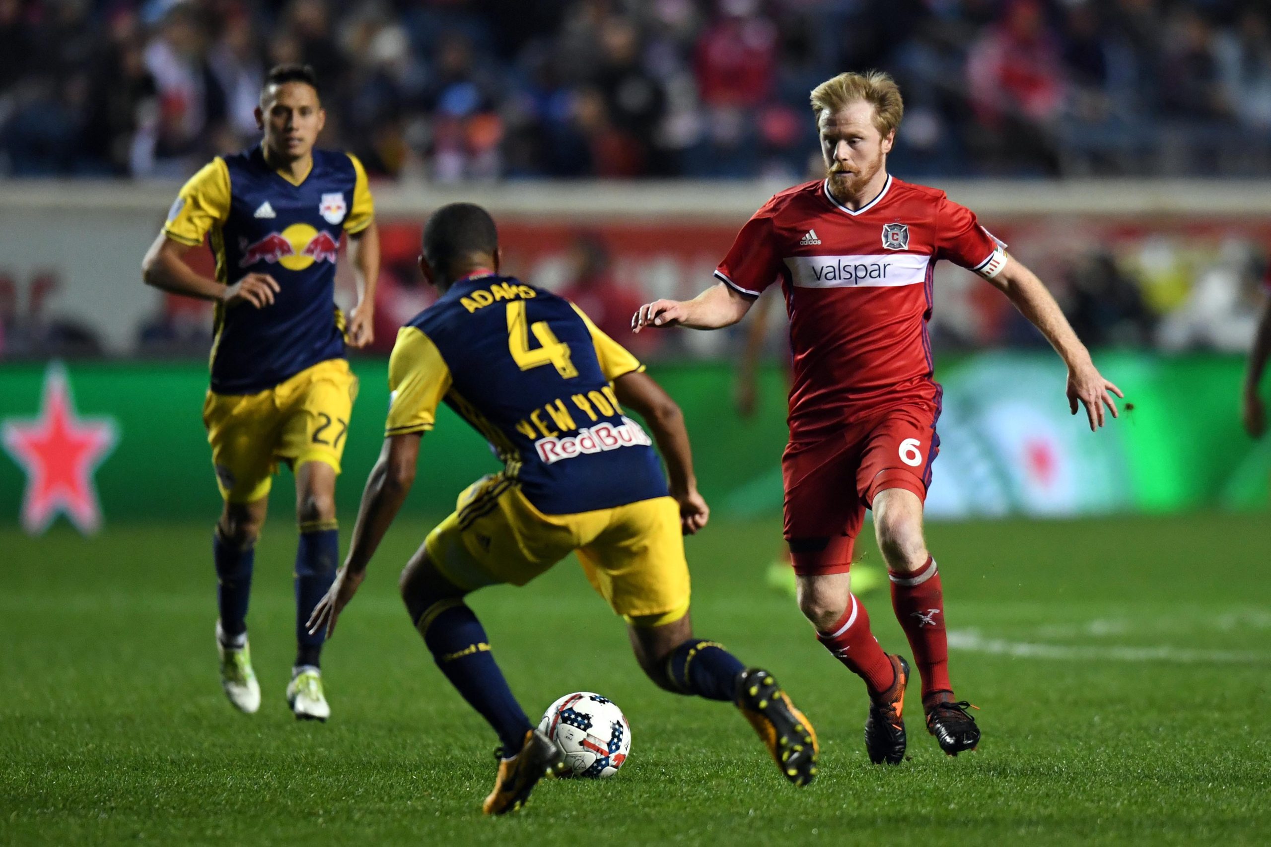 Oct 25, 2017; Chicago, IL, USA; Chicago Fire midfielder Dax McCarty (6) controls the ball against New York Red Bulls midfielder Tyler Adams (4) during the second half of an Eastern Conference knockout round soccer game at Toyota Park. Red Bulls won 4-0. Mandatory Credit: Patrick Gorski-USA TODAY Sports
