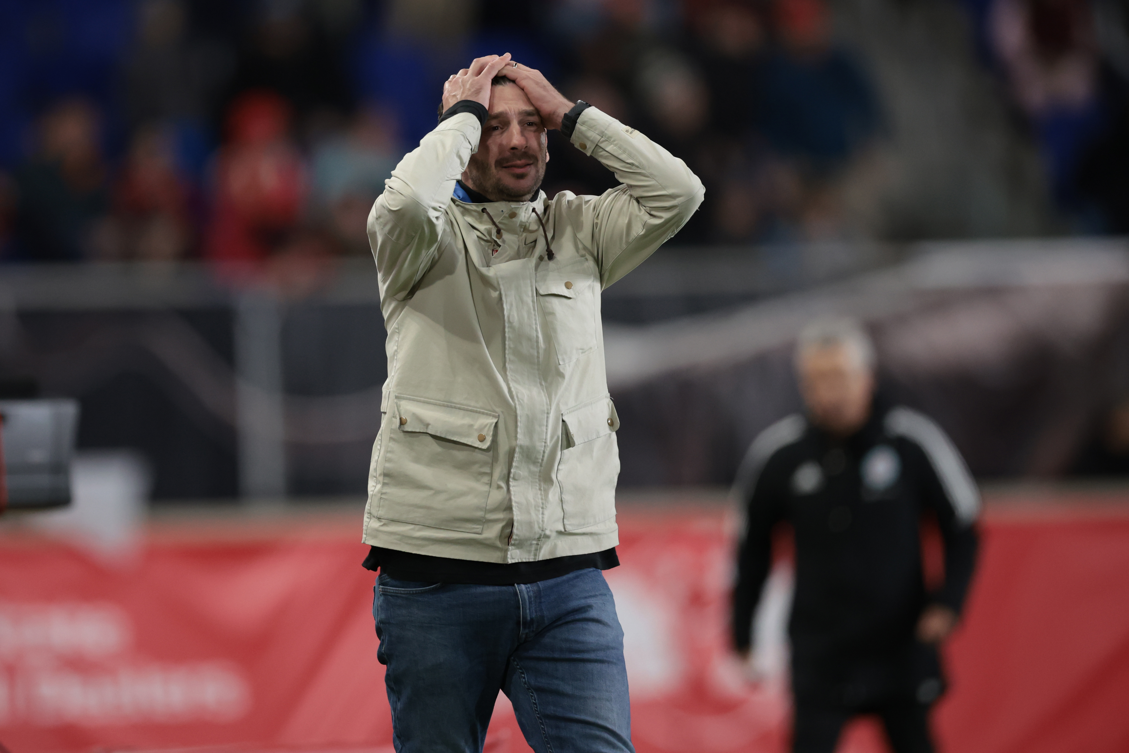 Apr 13, 2024; Harrison, New Jersey, USA; New York Red Bulls head coach Sandro Schwarz reacts during the second half against Chicago Fire FC at Red Bull Arena. 
