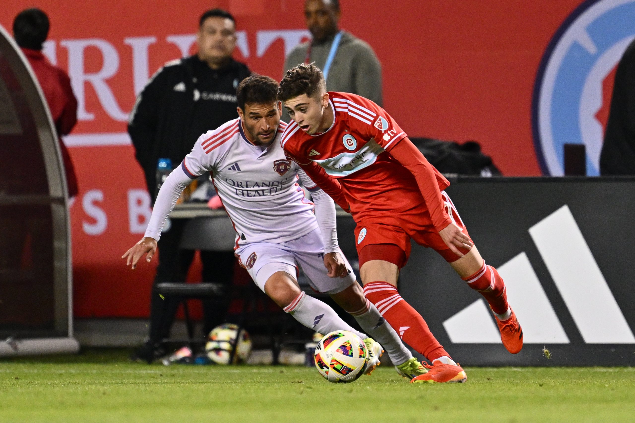May 29, 2024; Chicago, Illinois, USA; Chicago Fire FC midfielder Brian Gutierrez (17) controls the ball in the second half against Orlando City SC at Soldier Field.