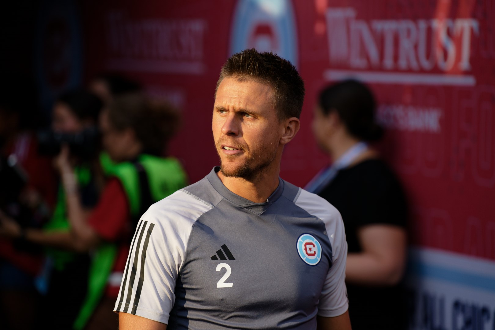 Jul 13, 2024; Chicago, Illinois, USA; Chicago Fire FC defender Arnaud Souquet (2) warms up before a game against New York City FC at Soldier Field. Mandatory Credit: Jamie Sabau-USA TODAY Sports