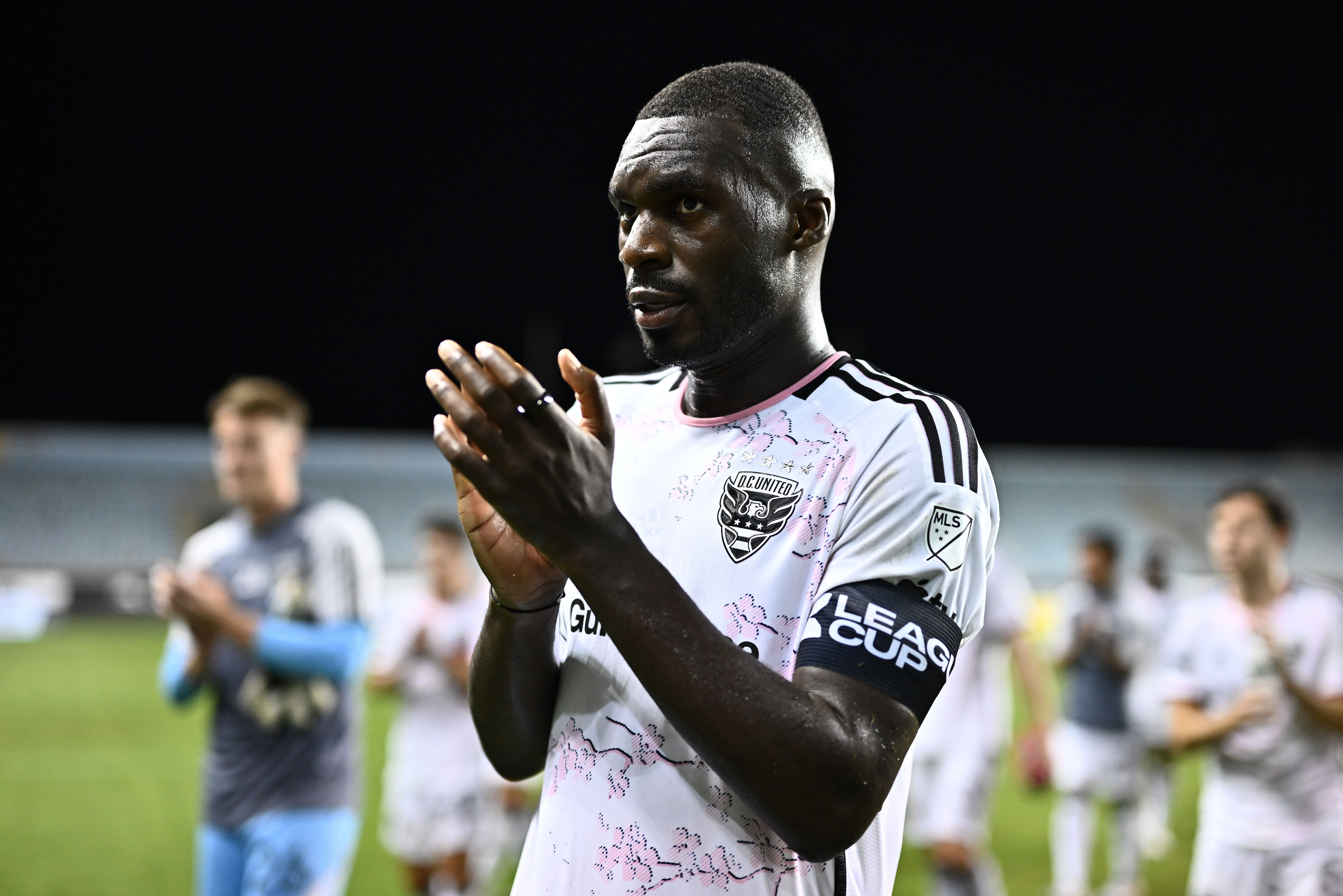 Jul 31, 2024; Chester, Pennsylvania, USA; D.C. United forward Christian Benteke (20) reacts after the game against Santos Laguna at Subaru Park. 