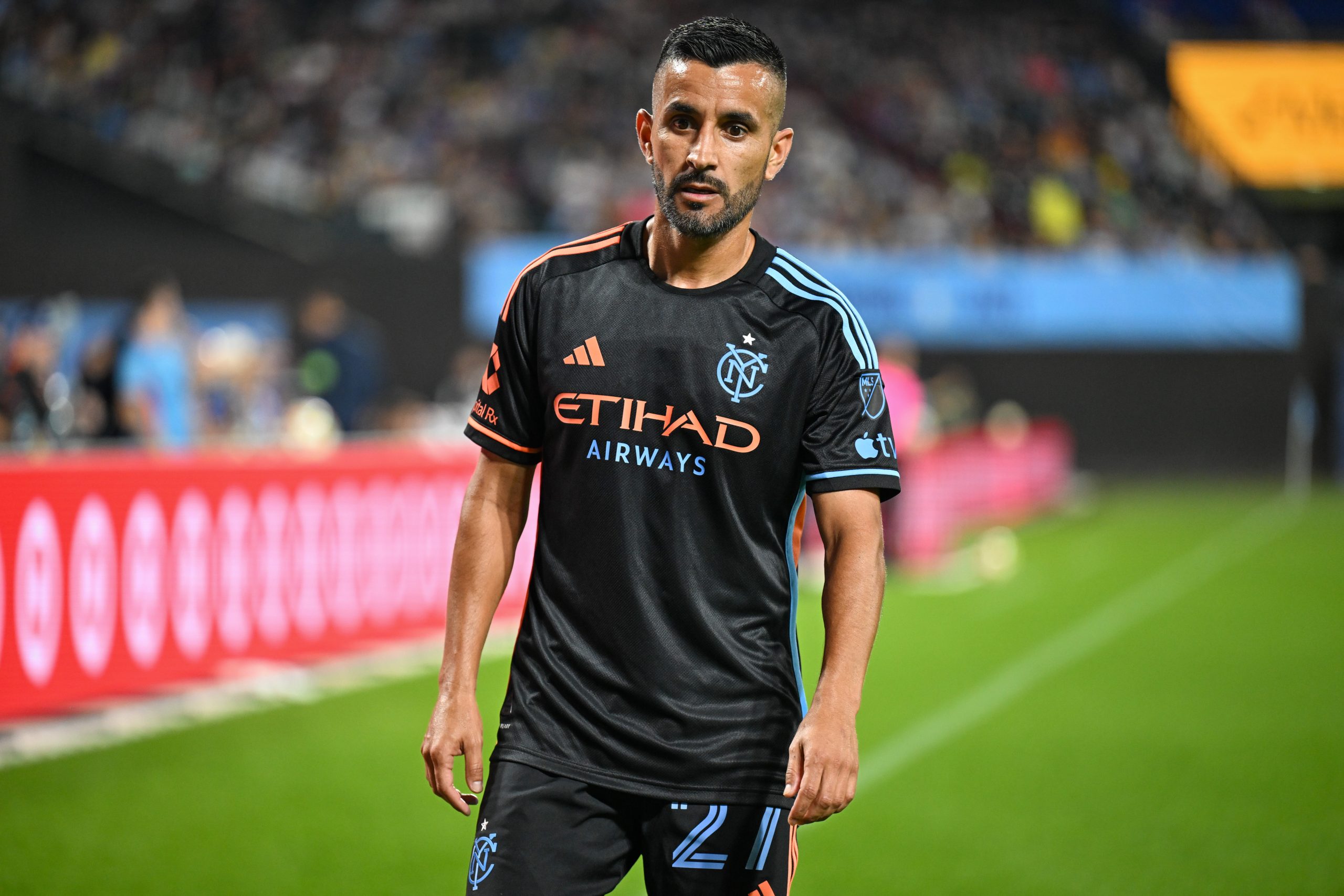 Aug 24, 2024; Queens, New York, USA; New York City FC midfielder Maxi Moralez (27) during the second half against Chicago Fire FC at Citi Field. 
