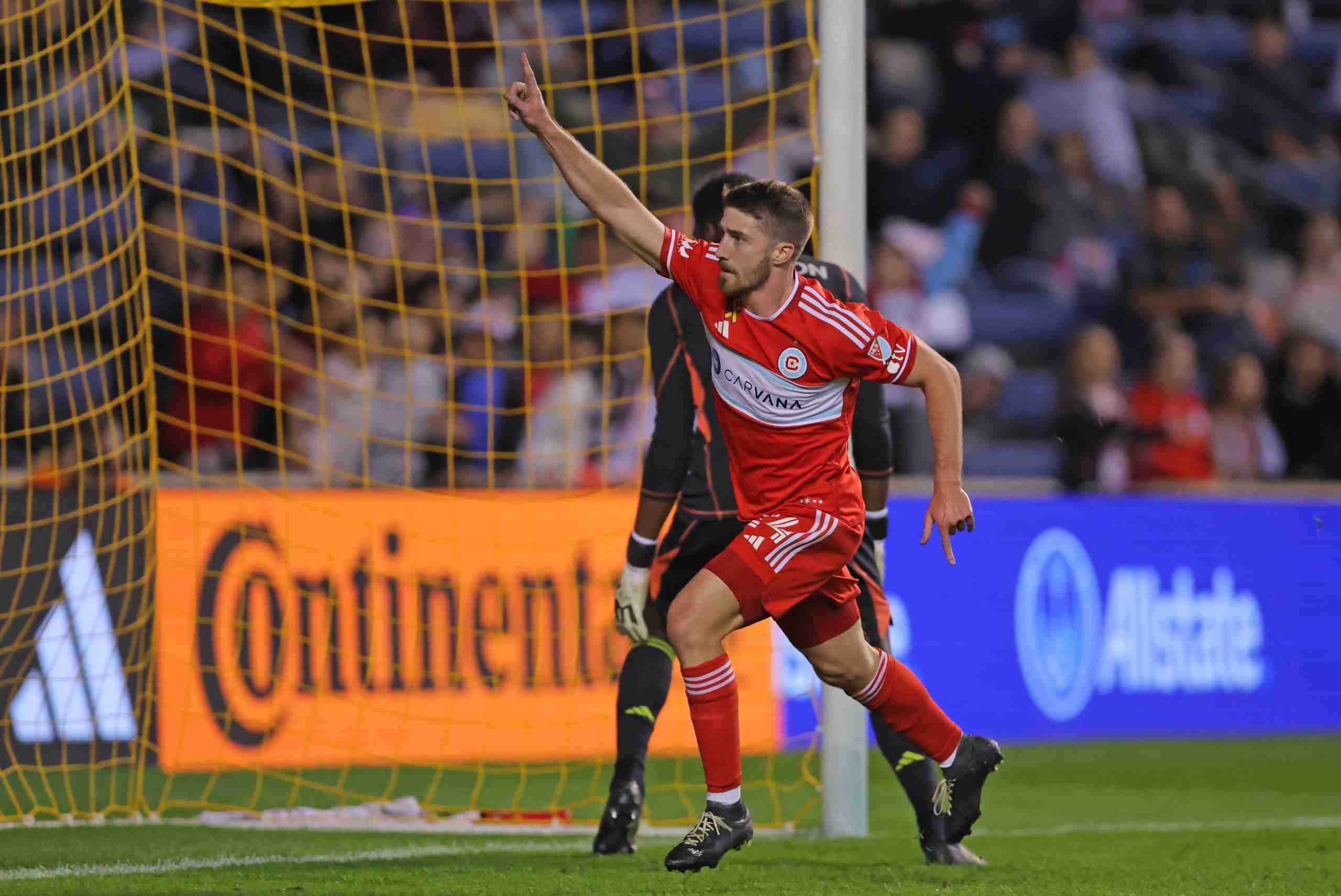Sep 28, 2024; Chicago, Illinois, USA; Chicago Fire FC midfielder Jonathan Dean (24) celebrates after scoring a goal during the second half against Toronto FC at SeatGeek Stadium. Mandatory Credit:
