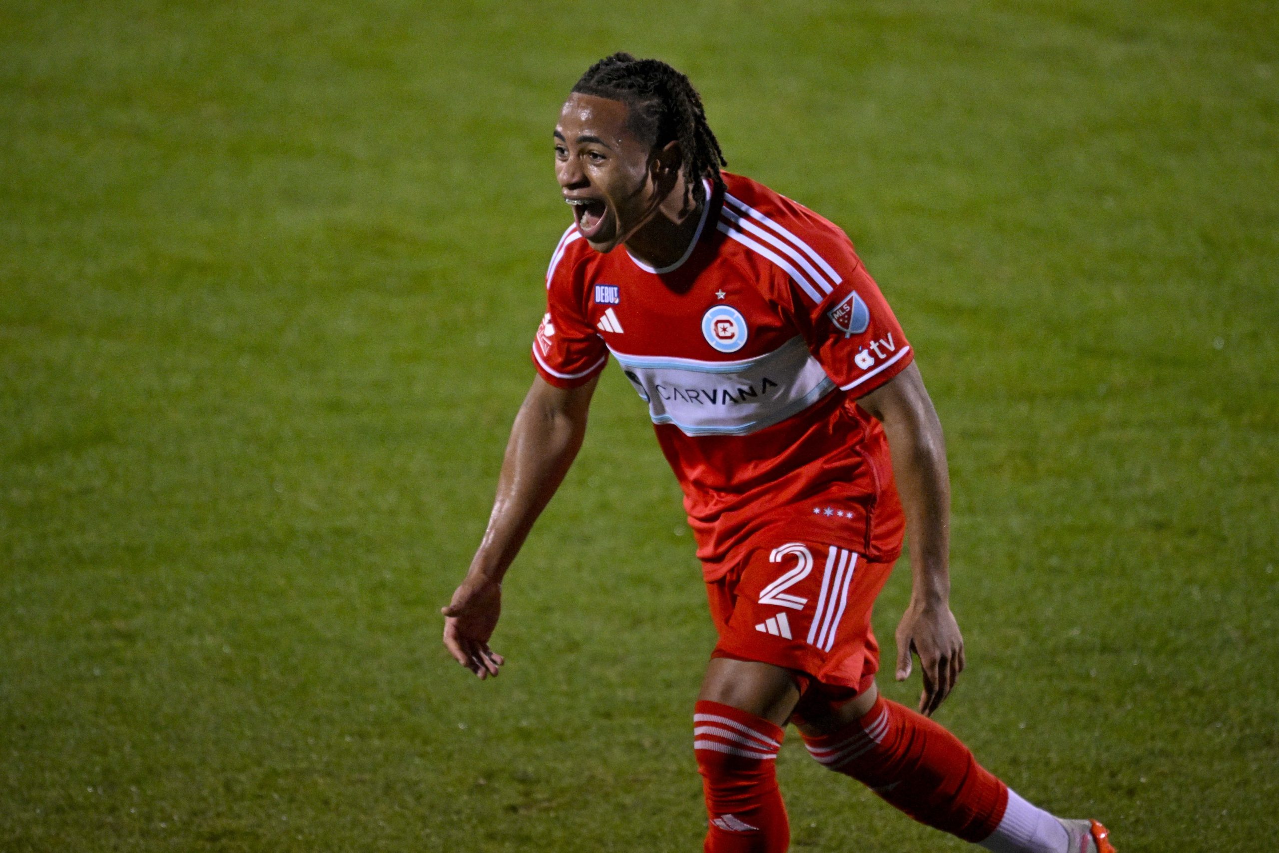 Mar 8, 2025; Frisco, Texas, USA; Chicago Fire defender Leonardo Barroso (2) celebrates after he scores the game winning goal against FC Dallas during the second half at Toyota Stadium. Mandatory Credit: 