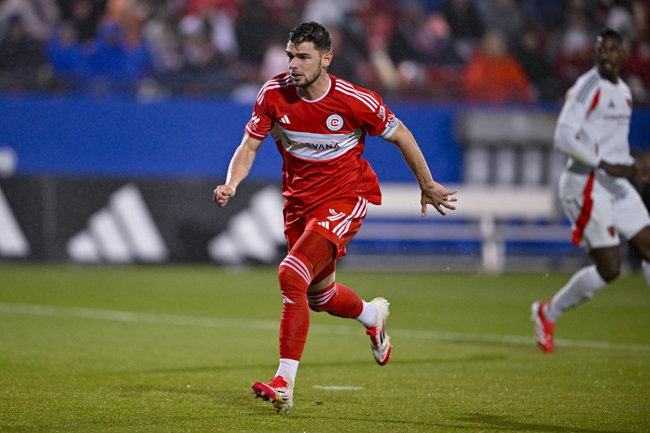Mar 8, 2025; Frisco, Texas, USA; Chicago Fire forward Hugo Cuypers (9) in action during the game between FC Dallas and Chicago Fire at Toyota Stadium. Mandatory Credit: 