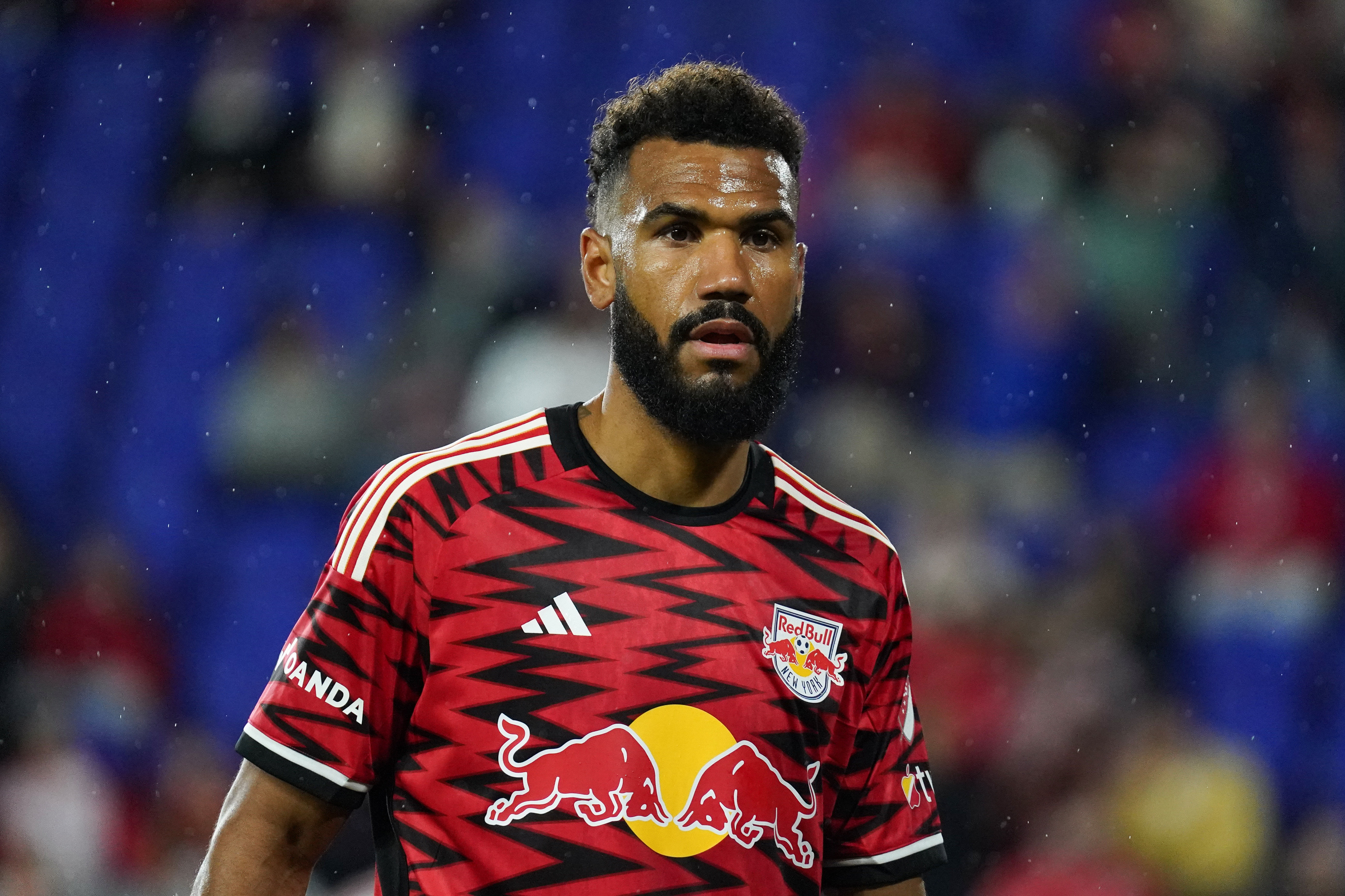 Mar 22, 2025; Harrison, New Jersey, USA; New York Red Bulls forward Eric Maxim Choupo-Moting (13) competes during the first half against Toronto FC at Sports Illustrated Stadium.