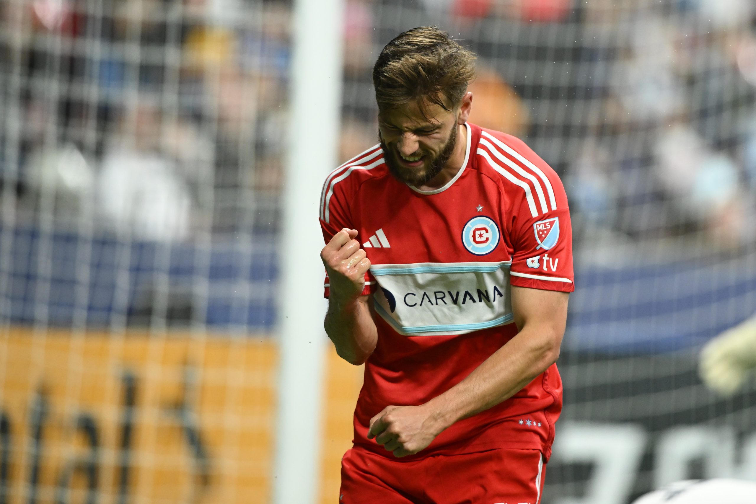 Mar 22, 2025; Vancouver, British Columbia, CAN; Chicago Fire FC forward Philip Zinckernagel (11) celebrates scoring during the second half against the Vancouver Whitecaps FC at BC Place. Mandatory Credit: Anne-Marie Sorvin-Imagn Images