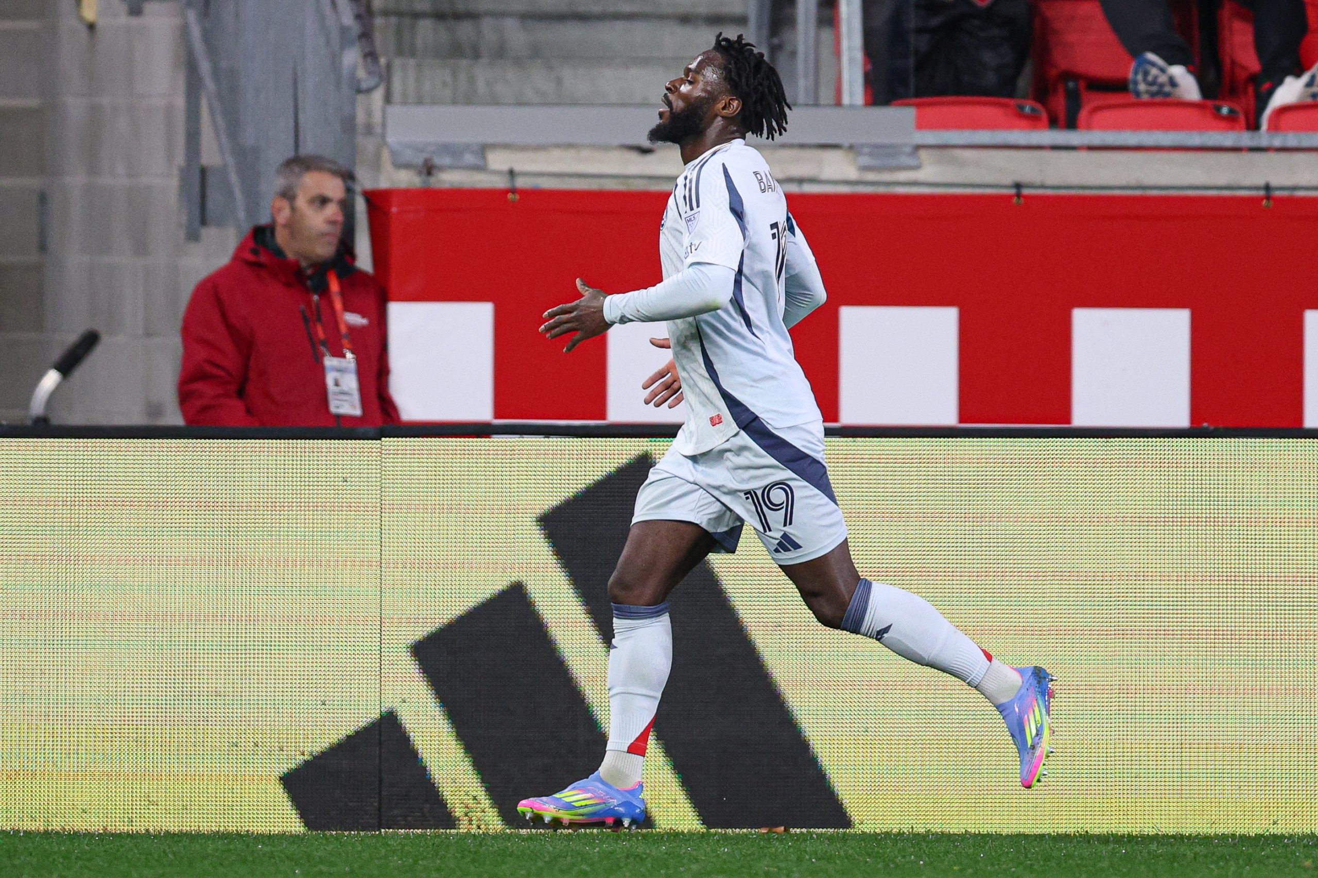 Apr 5, 2025; Harrison, New Jersey, USA; Chicago Fire FC midfielder Jonathan Bamba (19) celebrates after scoring a goal New York Red Bulls during the first half at Sports Illustrated Stadium. Mandatory Credit: Vincent Carchietta-Imagn Images