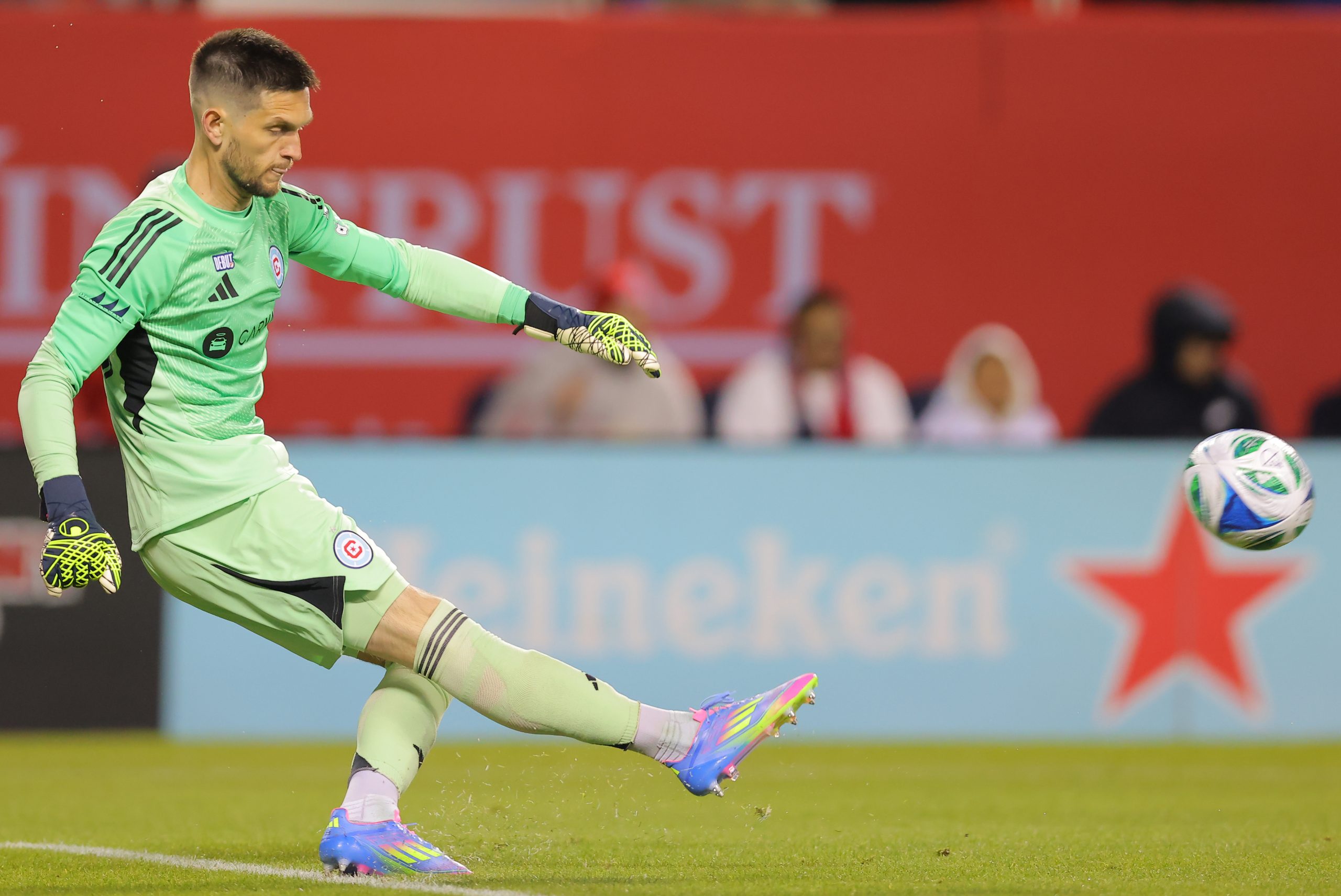May 3, 2025; Chicago, Illinois, USA; Chicago Fire FC goalkeeper Jeffrey Gal (25) kicks the ball during the first half against Orlando City at Soldier Field. Mandatory Credit: Melissa Tamez-Imagn Images