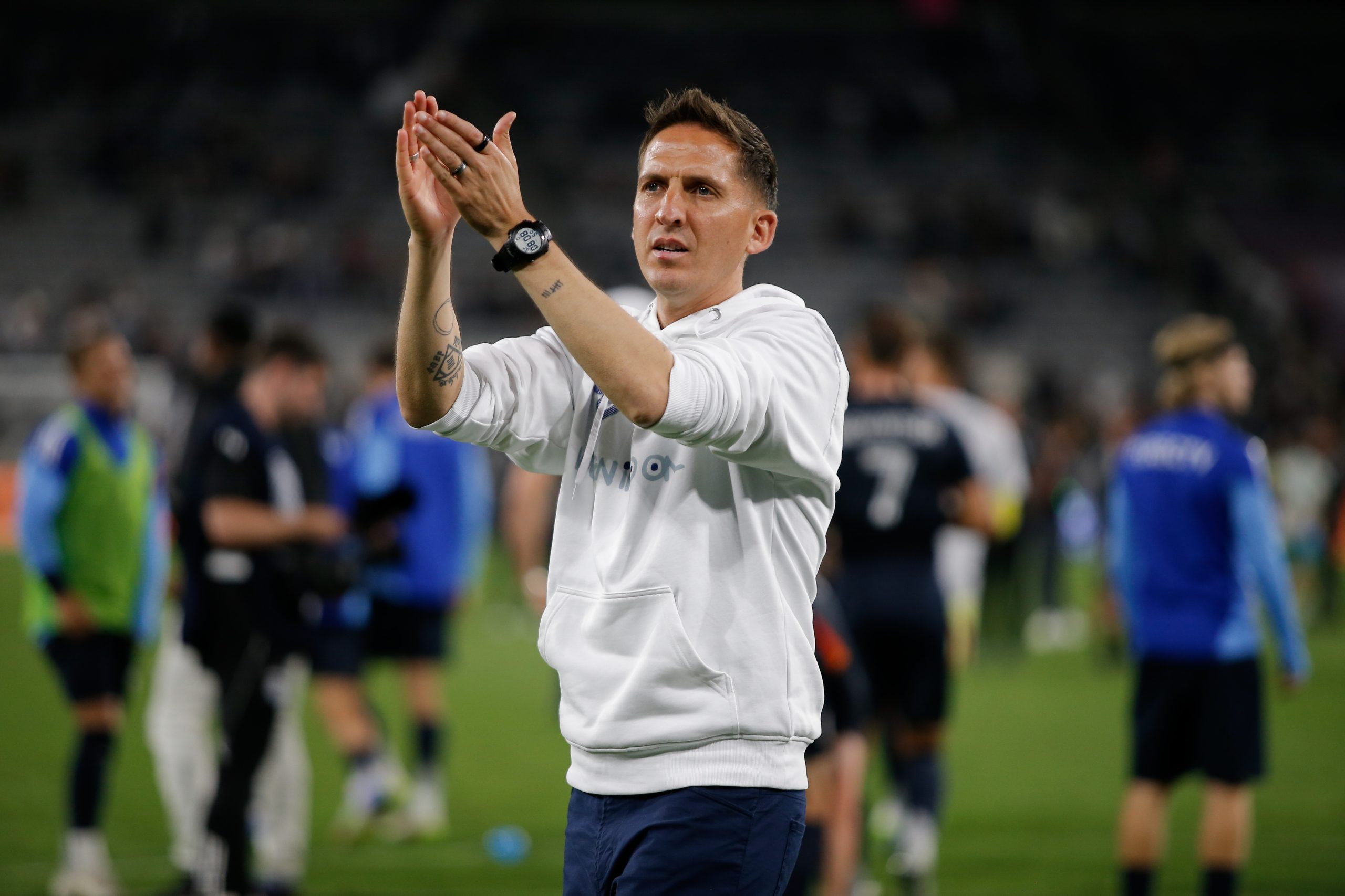 May 31, 2025; San Diego, California, USA; San Diego FC head coach Mikey Varas celebrates their win over Austin FC at Snapdragon Stadium.