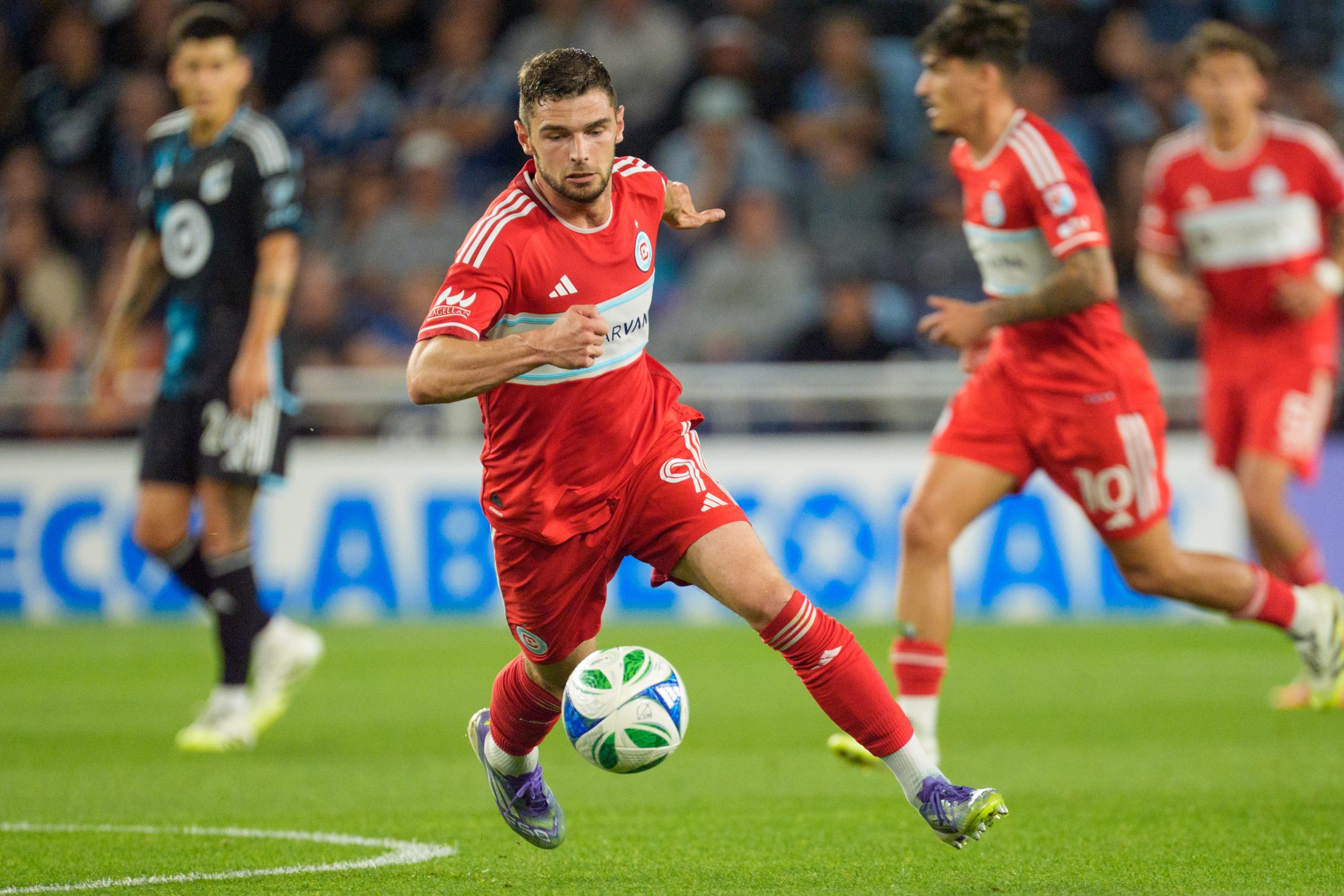 Sep 20, 2025; Saint Paul, Minnesota, USA; Chicago Fire forward Hugo Cuypers (9) carries the ball over the center line against Minnesota United in the second half at Allianz Field. Mandatory Credit: Matt Blewett-Imagn Images