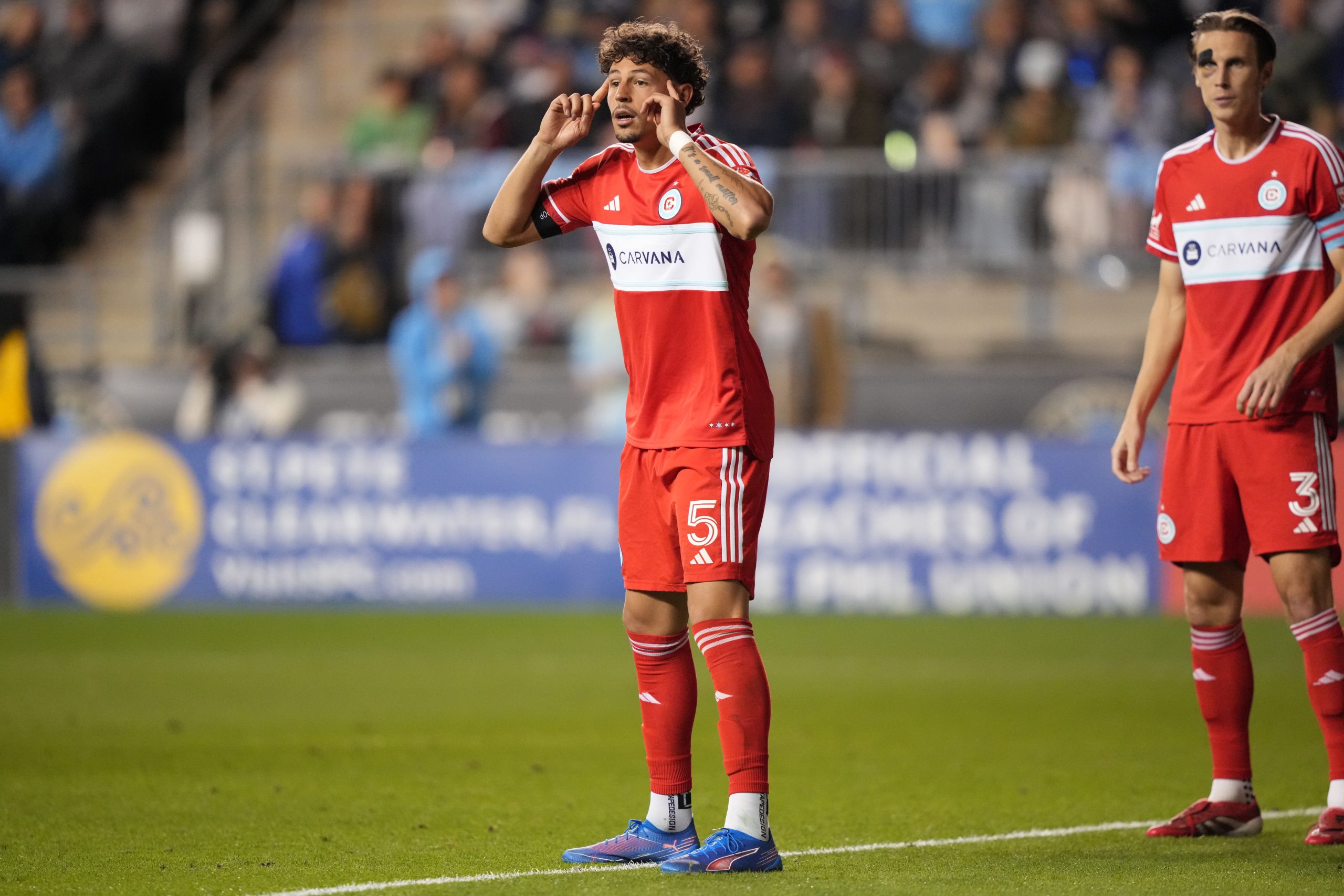 Oct 26, 2025; Chester, Pennsylvania, USA; Chicago Fire FC defender Samual Rogers (5) reacts against the Philadelphia Union in the second half at Subaru Park. Mandatory Credit: Kyle Ross-Imagn Images
