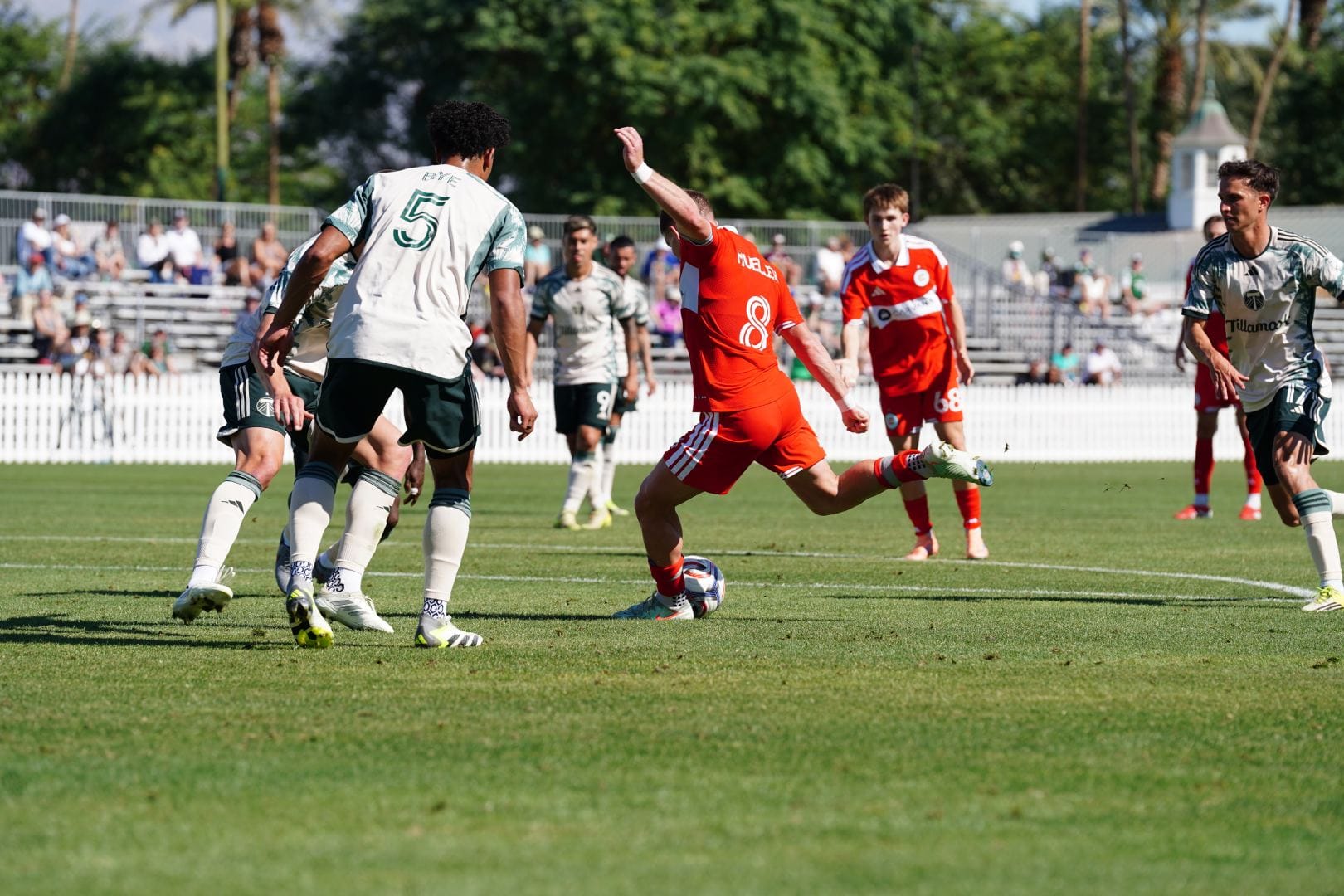 Chris Mueller strikes the ball against Portland during the Coachella Valley Invitational on February 14, 2026
