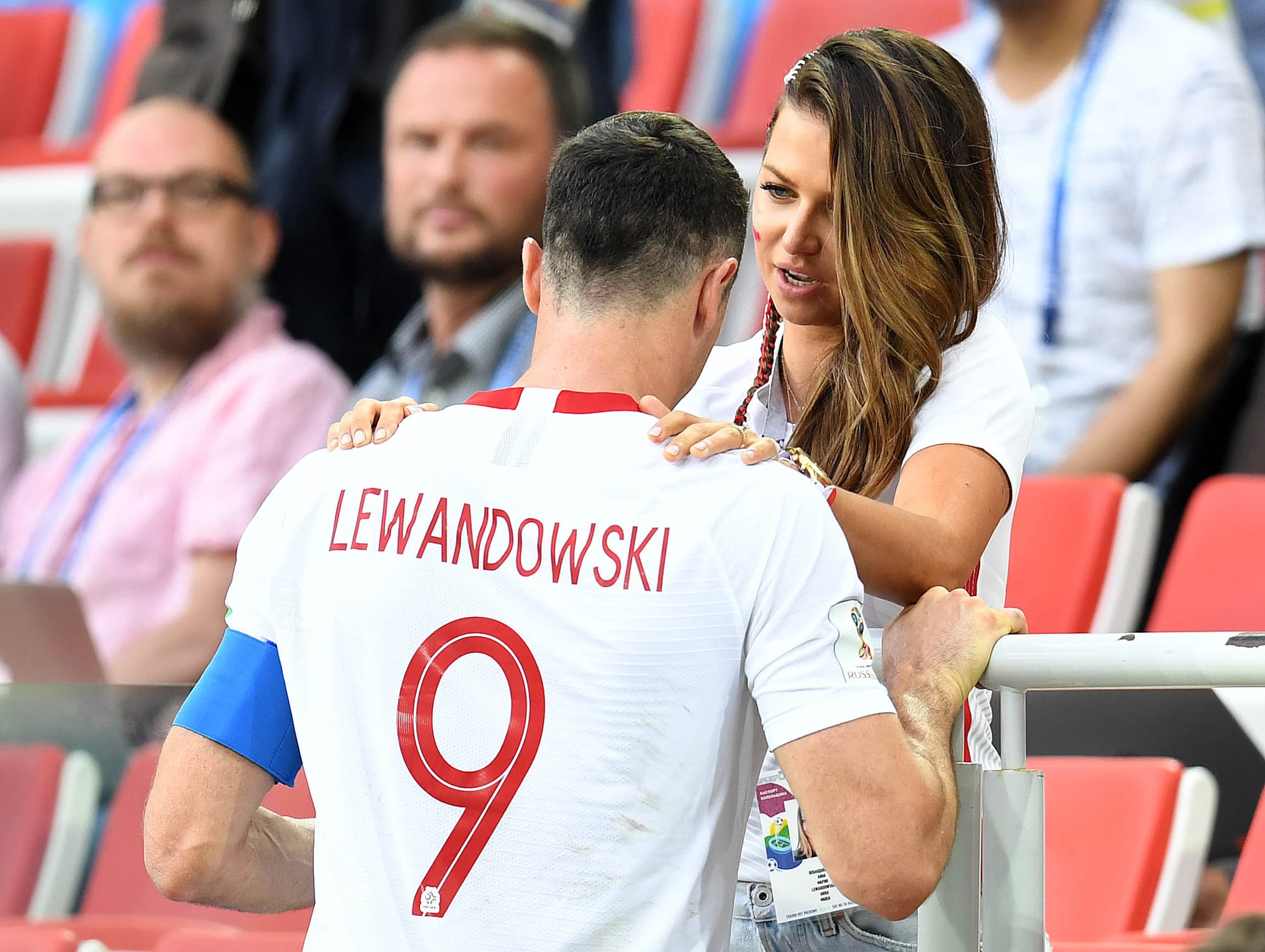Jun 19, 2018; Moscow, Russia; Poland forward Robert Lewandowski (9) with his wife Anna Lewandowska after losing to Senegal in Group H play during the FIFA World Cup 2018 at Spartak Stadium.