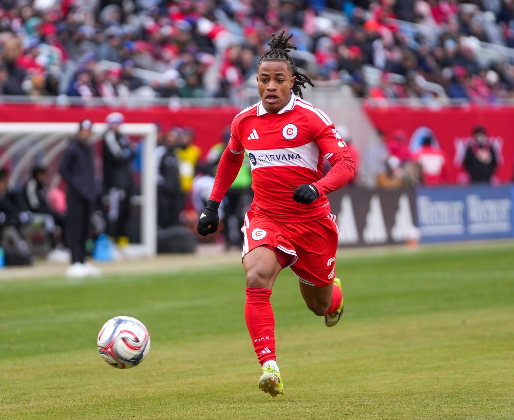 Chicago Fire player Leonardo Barroso plays the ball at Soldier Field.