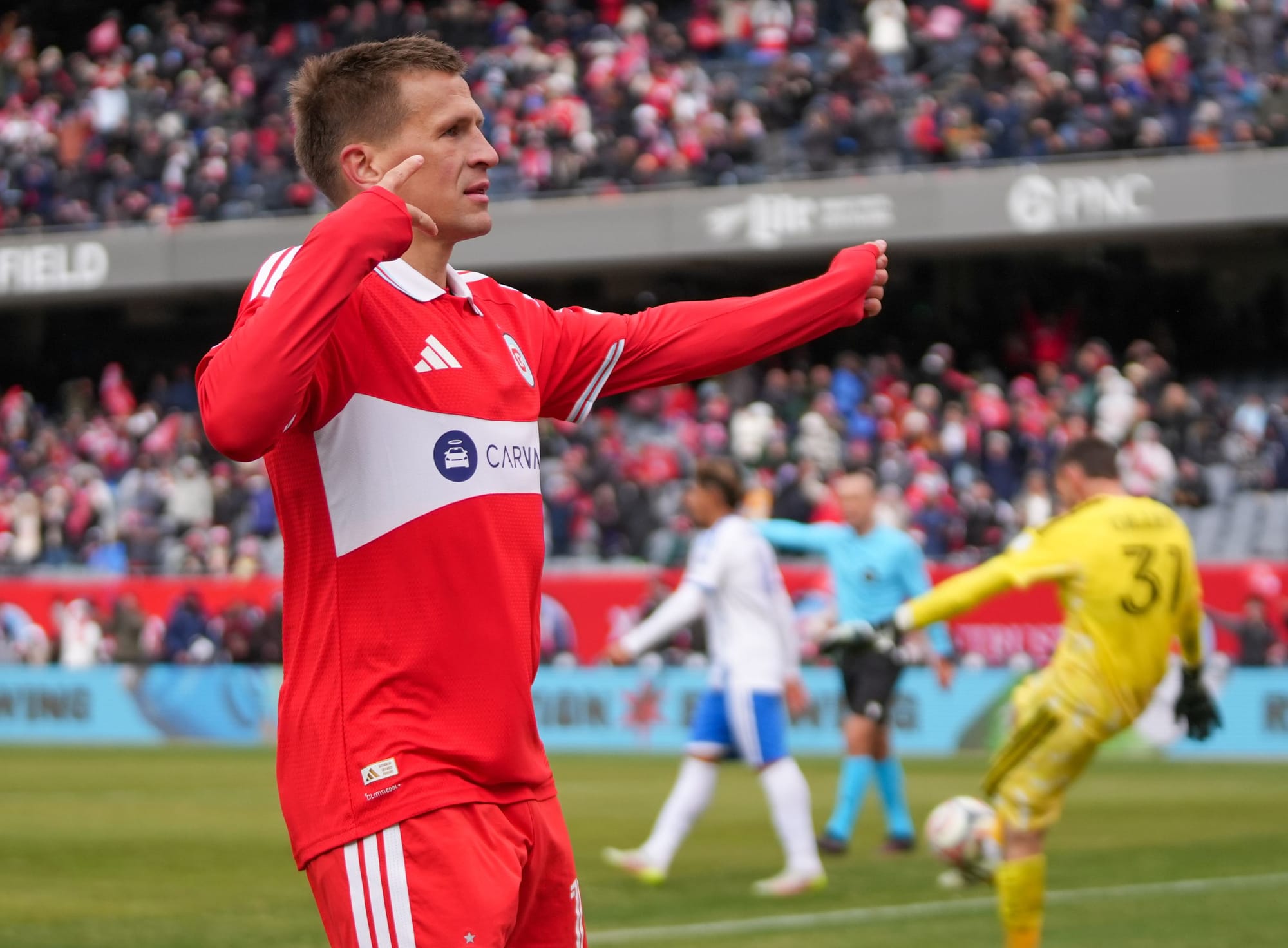 Chicago Fire's Robin Lod celebrates after scoring a goal at Soldier Field on February 28, 2026