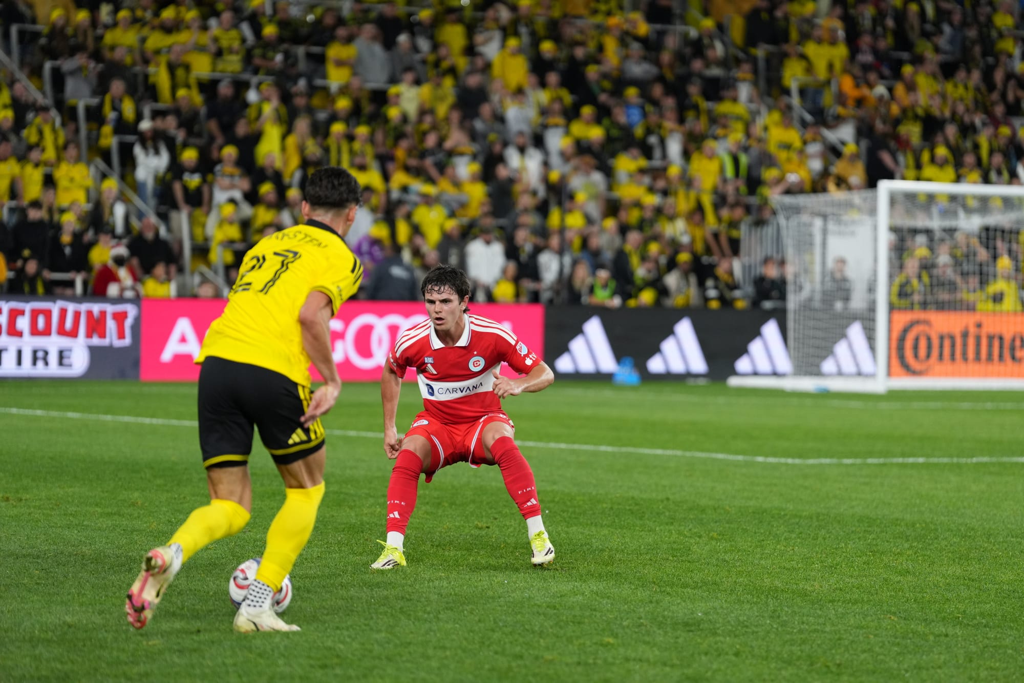 Dylan Borso and Max Arfsten playing against the Columbus Crew at Scotts Miracle-Gro Field.