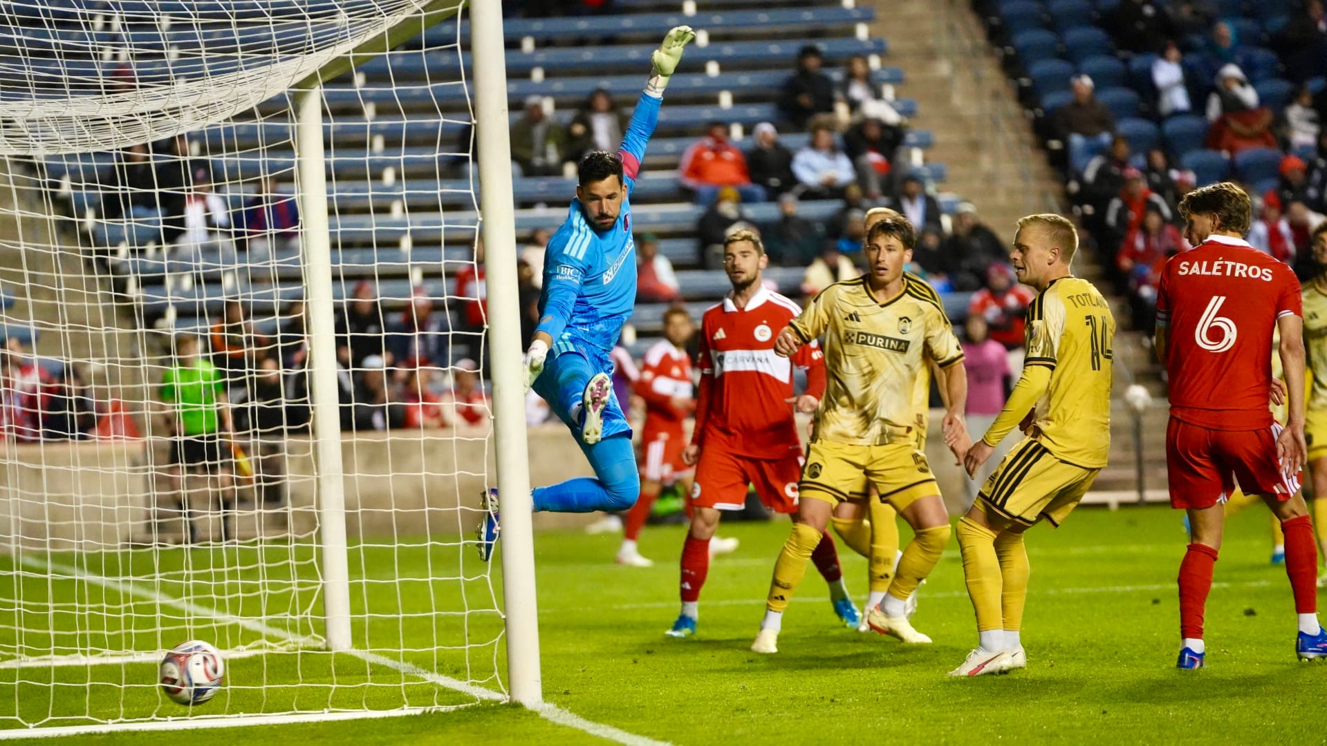 Anton Salétros scores off a header against St. Louis City at SeatGeek Stadium on April 29, 2026.