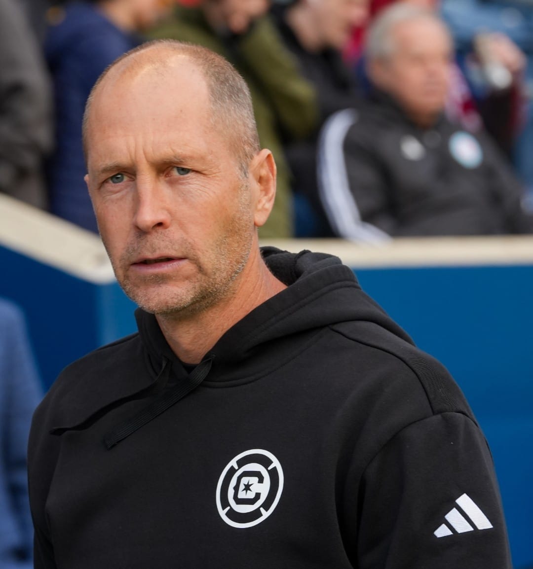 Gregg Berhalter on the sideline during the Fire's game against St. Louis City at SeatGeek Stadium