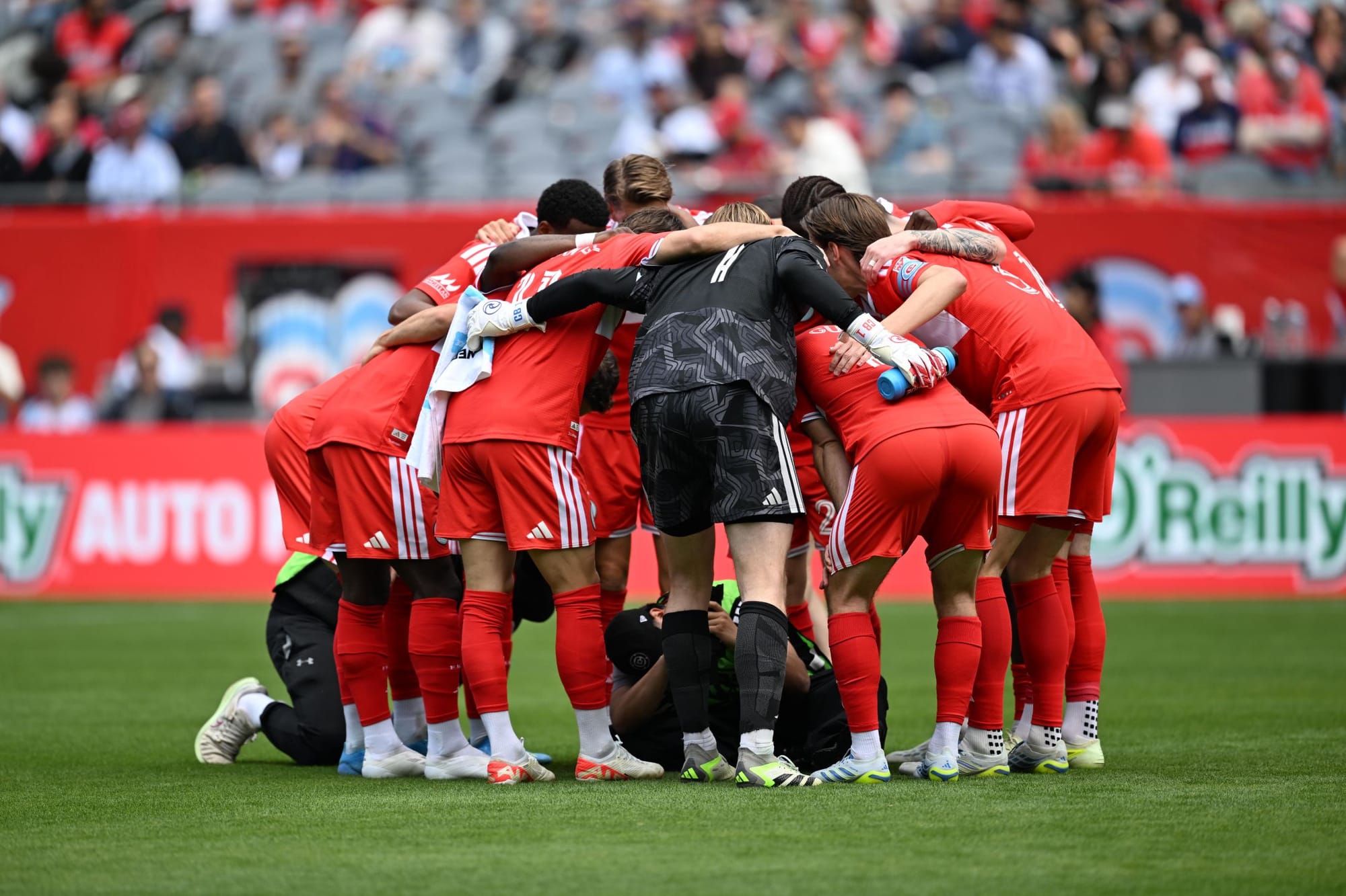 Chicago Fire huddle before game vs RBNY at Soldier Field on May 9, 2026