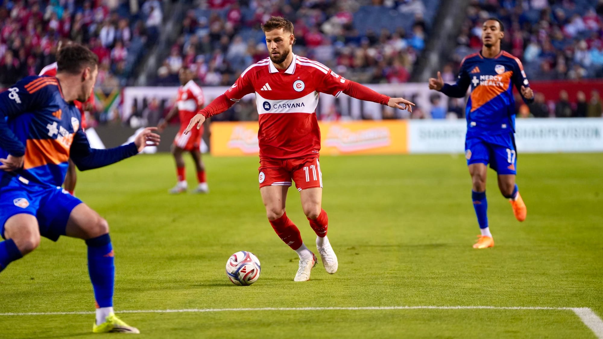 Philip Zinckernagel of the Chicago Fire plays the ball against FC Cincinnati at Soldier Field