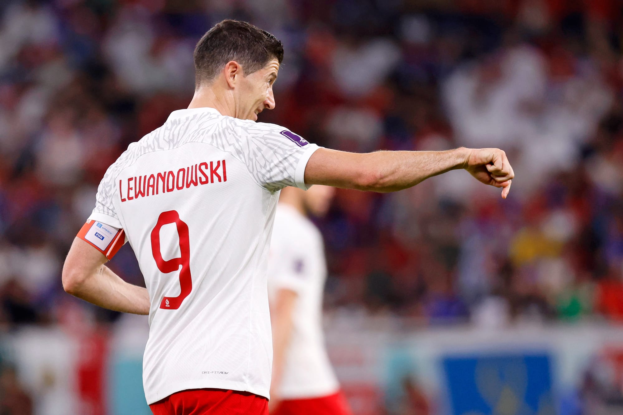 Robert Lewandowski playing for Poland at the 2022 FIFA World Cup.