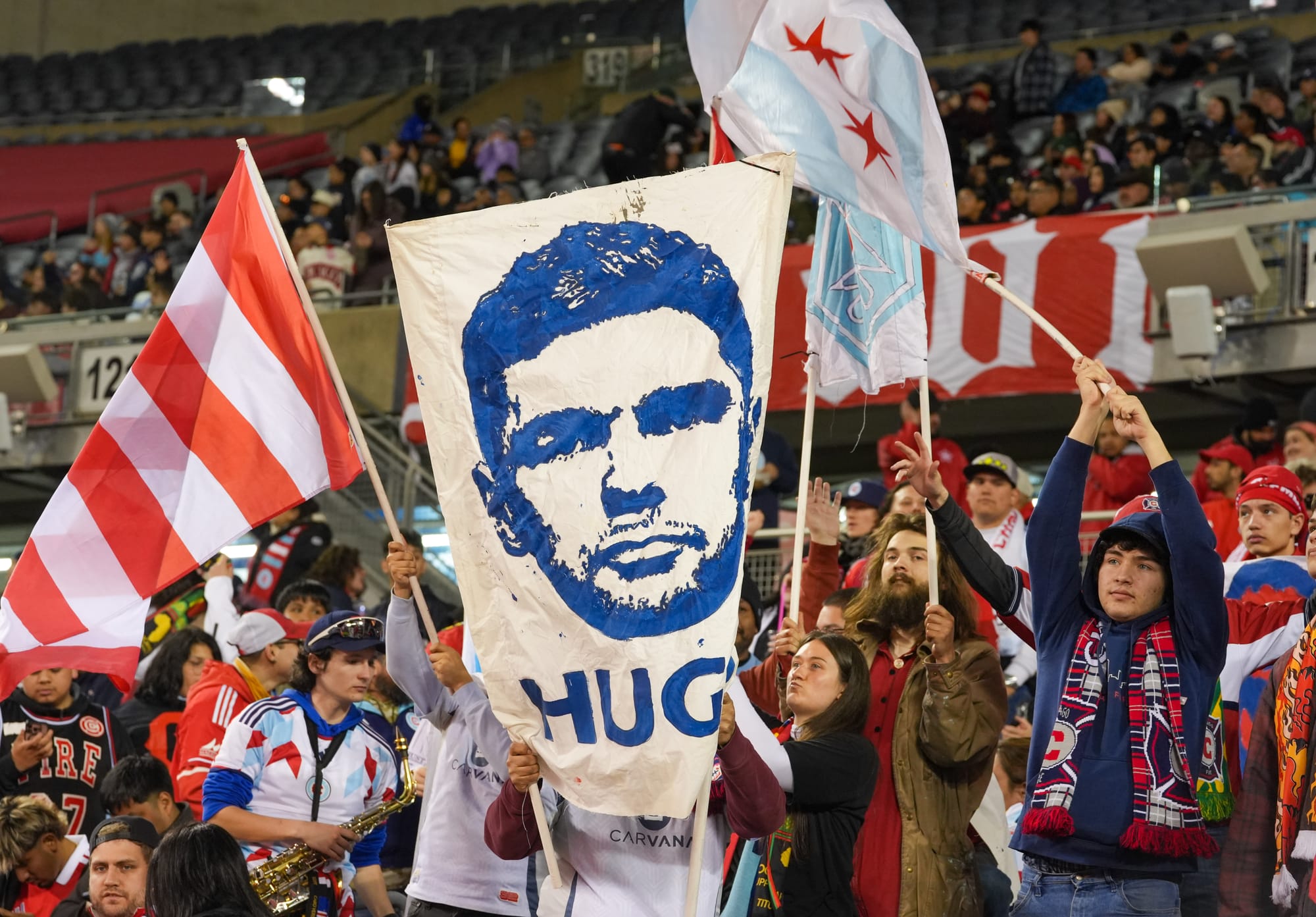 Chicago Fire fans display a banner for striker Hugo Cuypers at Soldier Field in a game against FC Cincinnati in May 2026.