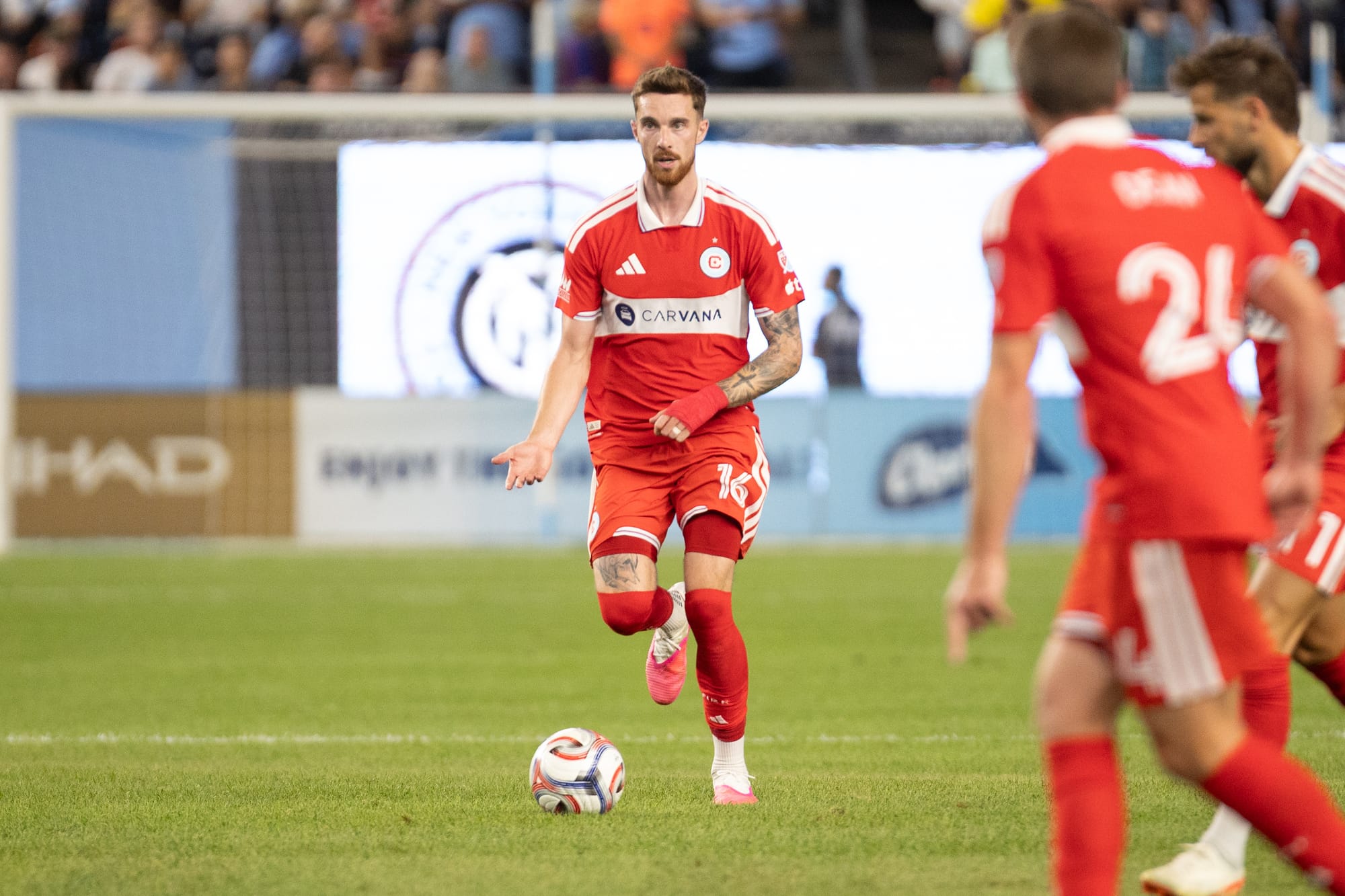 Chicago Fire FC defense Joel Waterman (16) dribbles the ball against the New York City Football Club during the second half at Yankee Stadium.