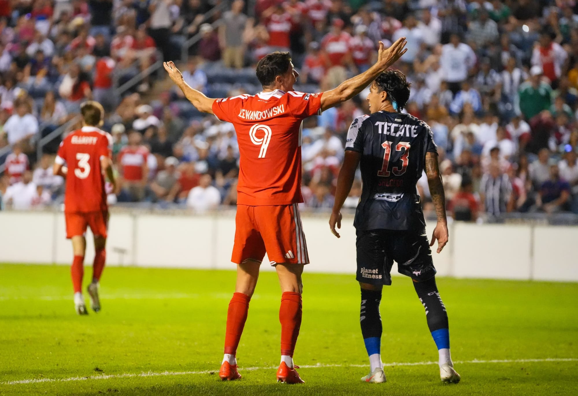 Robert Lewandowski calls for service during the Fire's game against CF Monterrey at SeatGeek Stadium in the Leagues Cup