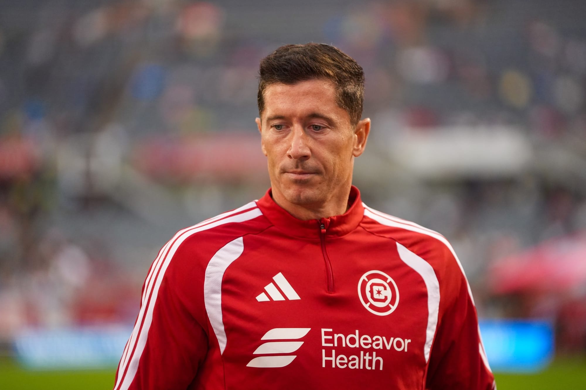 Close in shot of Chicago Fire player Robert Lewandowski at Soldier Field.