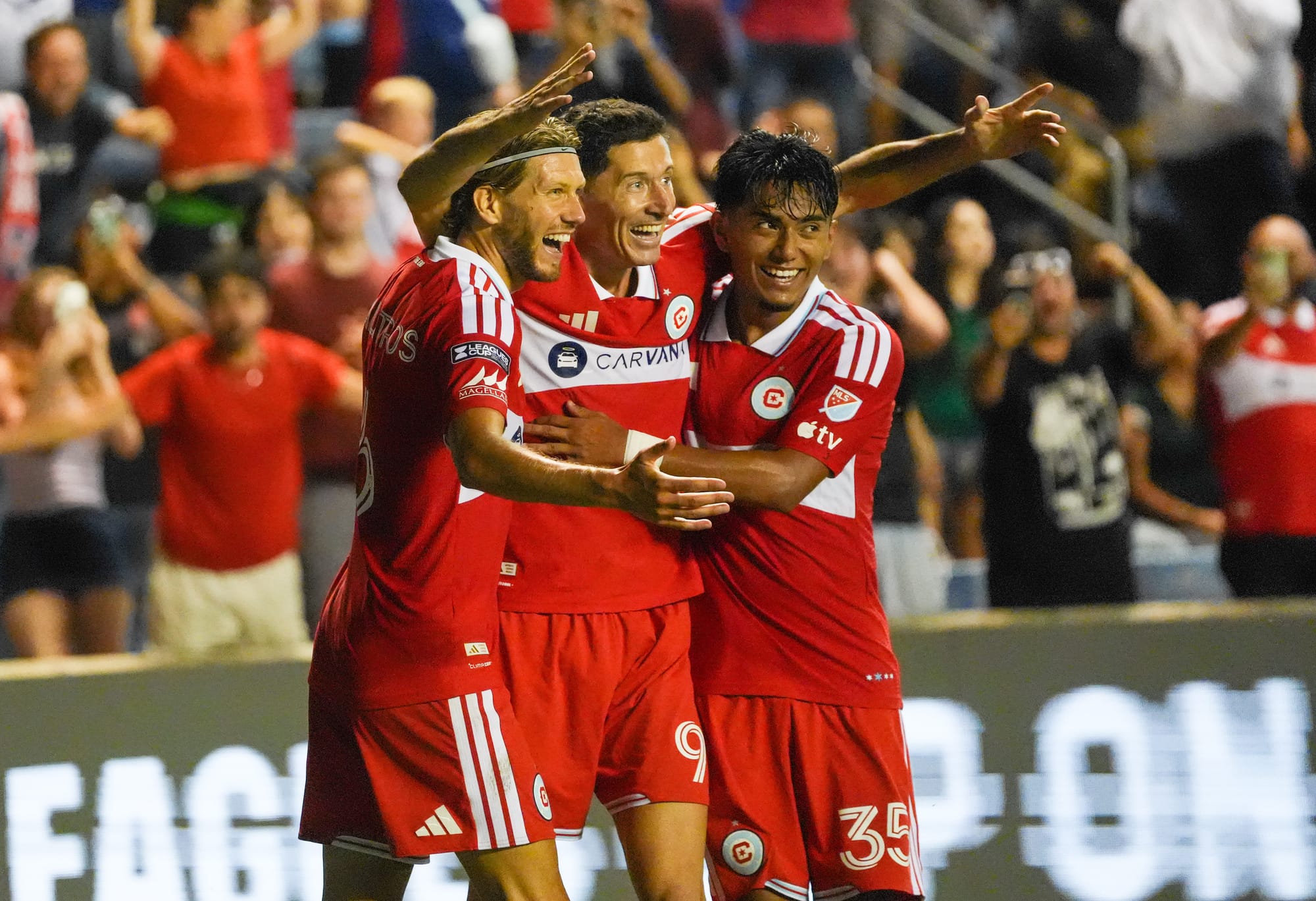Lewandowski celebrates his goal against Santos Laguna.
