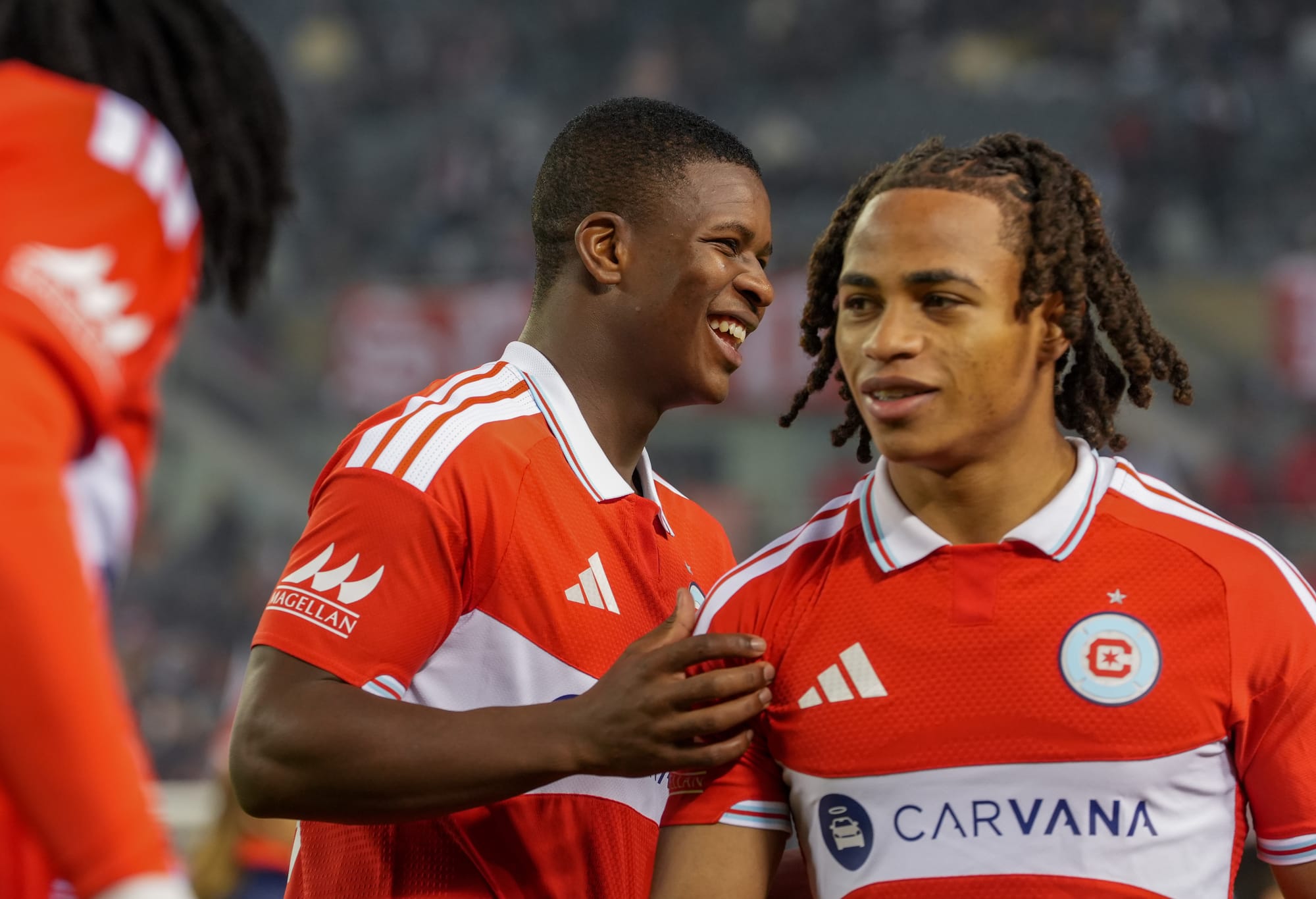 Mbekezeli Mbokazi and Leonardo Barroso prior to a Chicago Fire game in 2026.