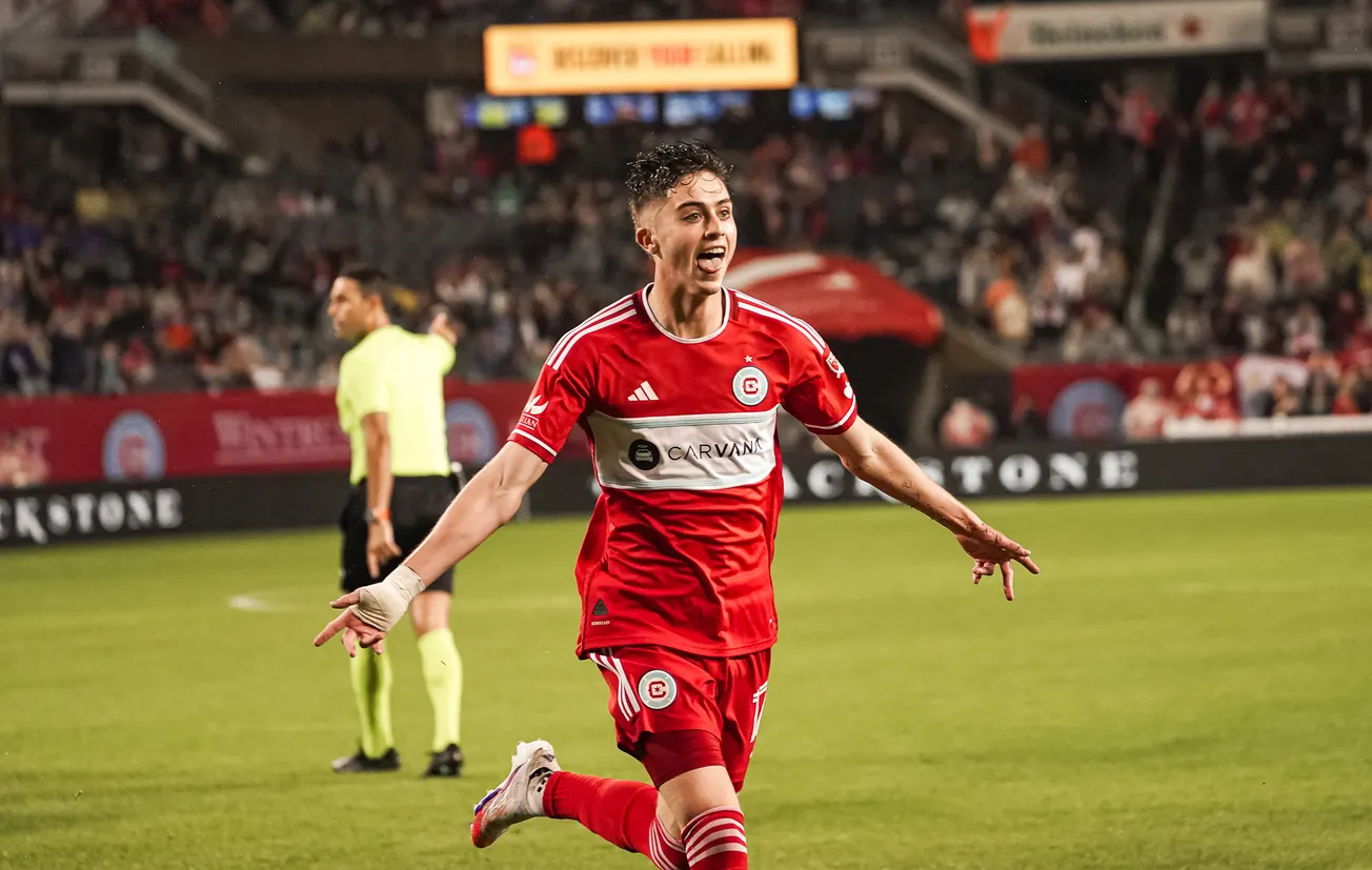 Brian Gutiérrez celebrates a goal at Soldier Field