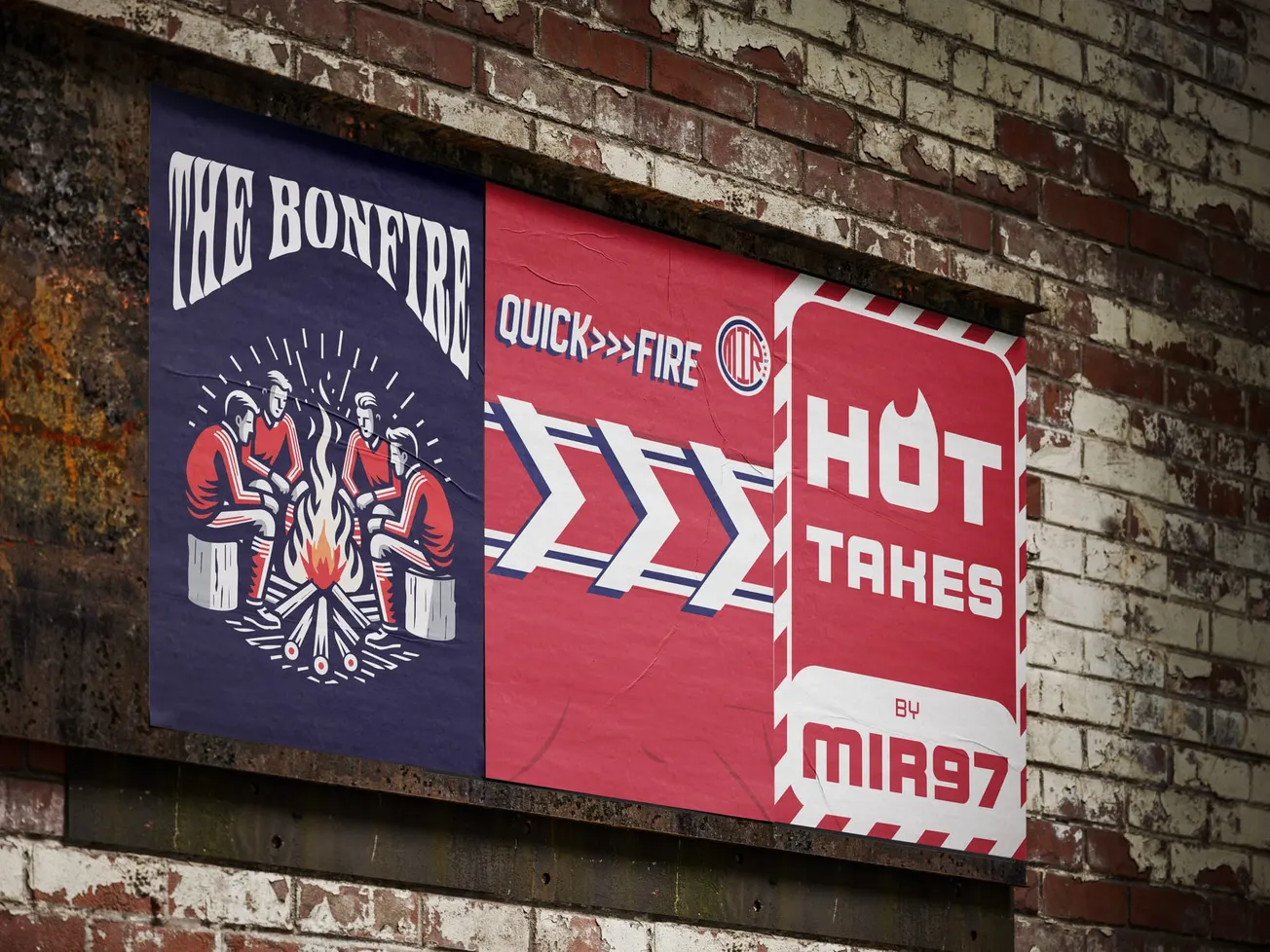 MenInRed97 Media's podcast images as posters on a wall showing The Bonfire for Chicago Fire news and analysis, QuickFire for rapid reactions and Hot Takes