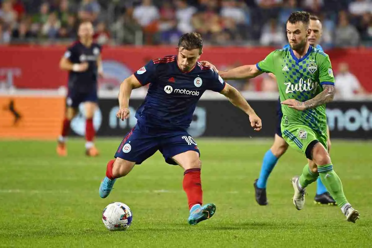 Jul 16, 2022; Chicago, Illinois, USA; Chicago Fire FC midfielder Xherdan Shaqiri (10) controls the ball against the Seattle S