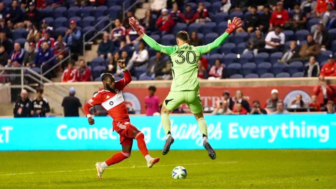 Chicago Fire winger Jonathan Bamba scores on New England Revolution's Matt Turner at SeatGeek Stadium on September 5, 2025