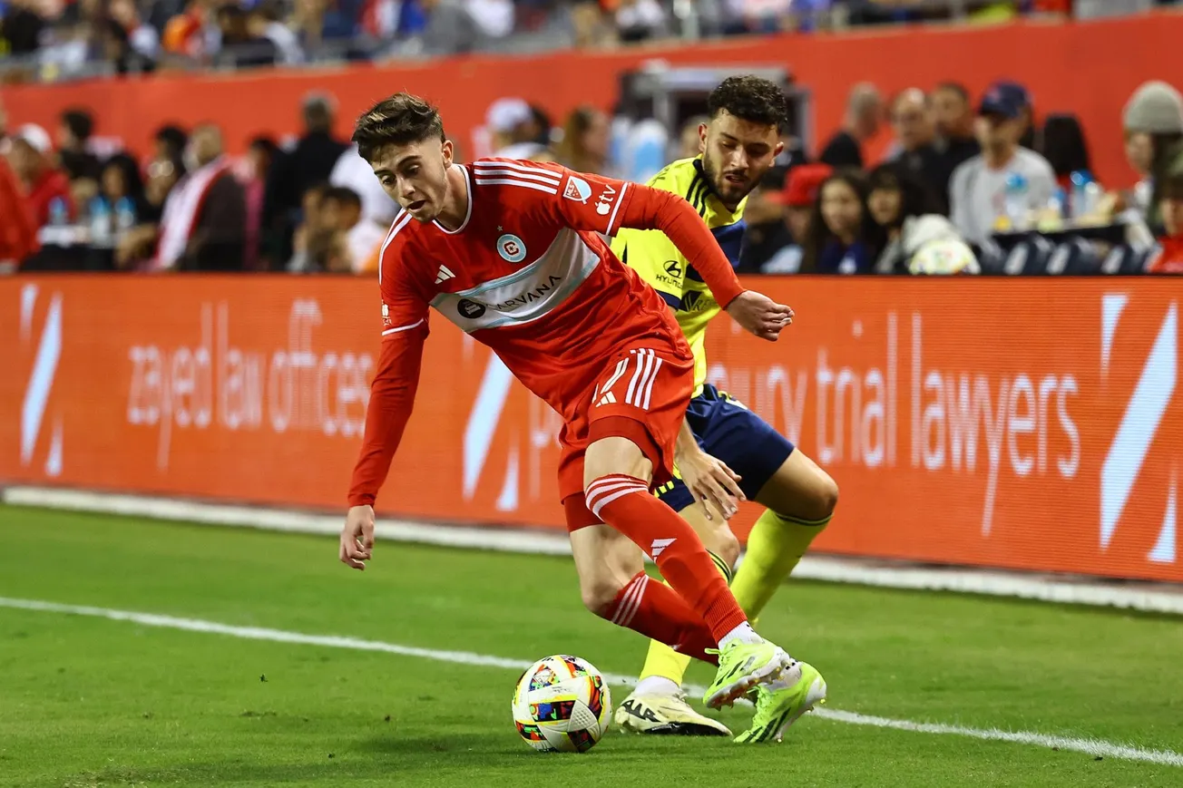 Oct 19, 2024; Chicago, Illinois, USA; Chicago Fire midfielder Brian Gutierrez (17) steals the ball from Nashville SC midfield
