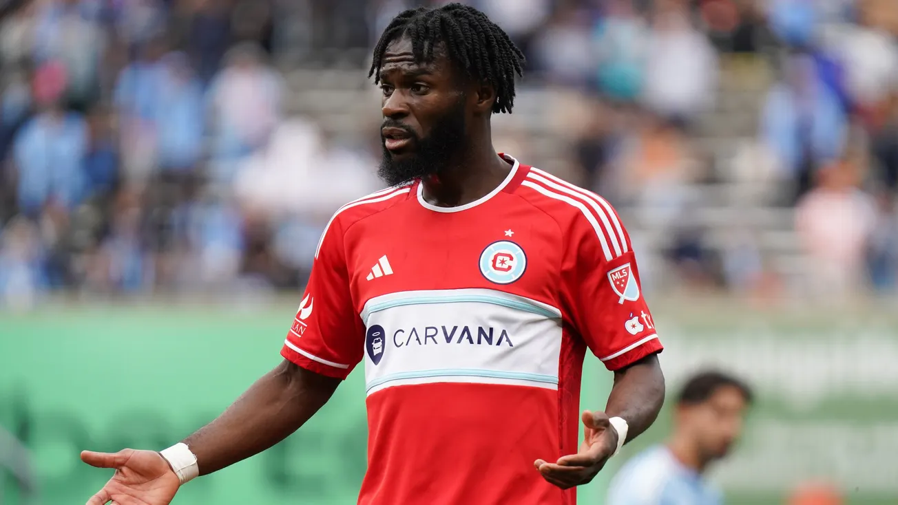 May 25, 2025; New York, New York, USA; Chicago Fire FC midfielder Jonathan Bamba (19) reacts during the first half against Ne