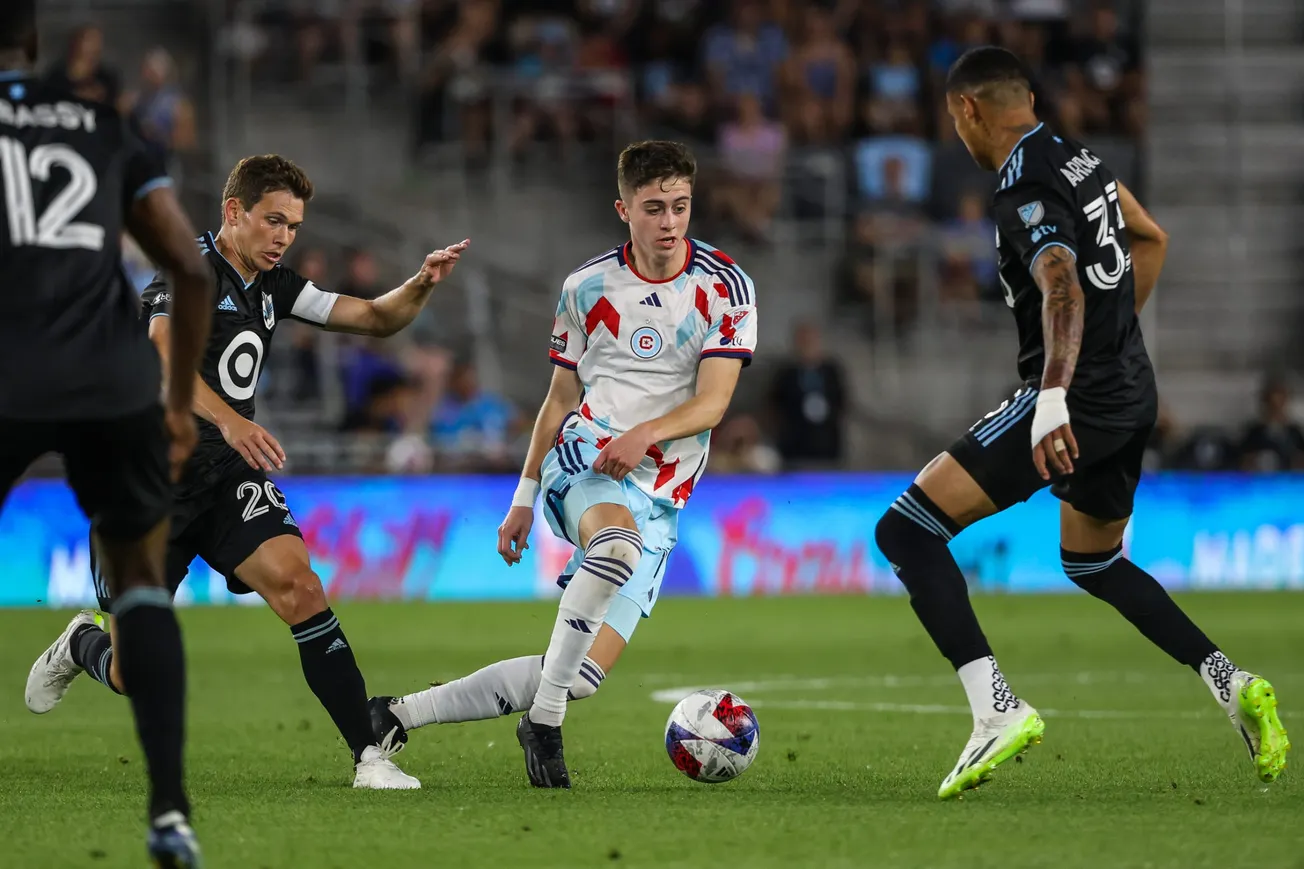 Jul 27, 2023; Saint Paul, MN, USA; Chicago Fire midfielder Brian Gutierrez (17) controls the ball while Minnesota United midf