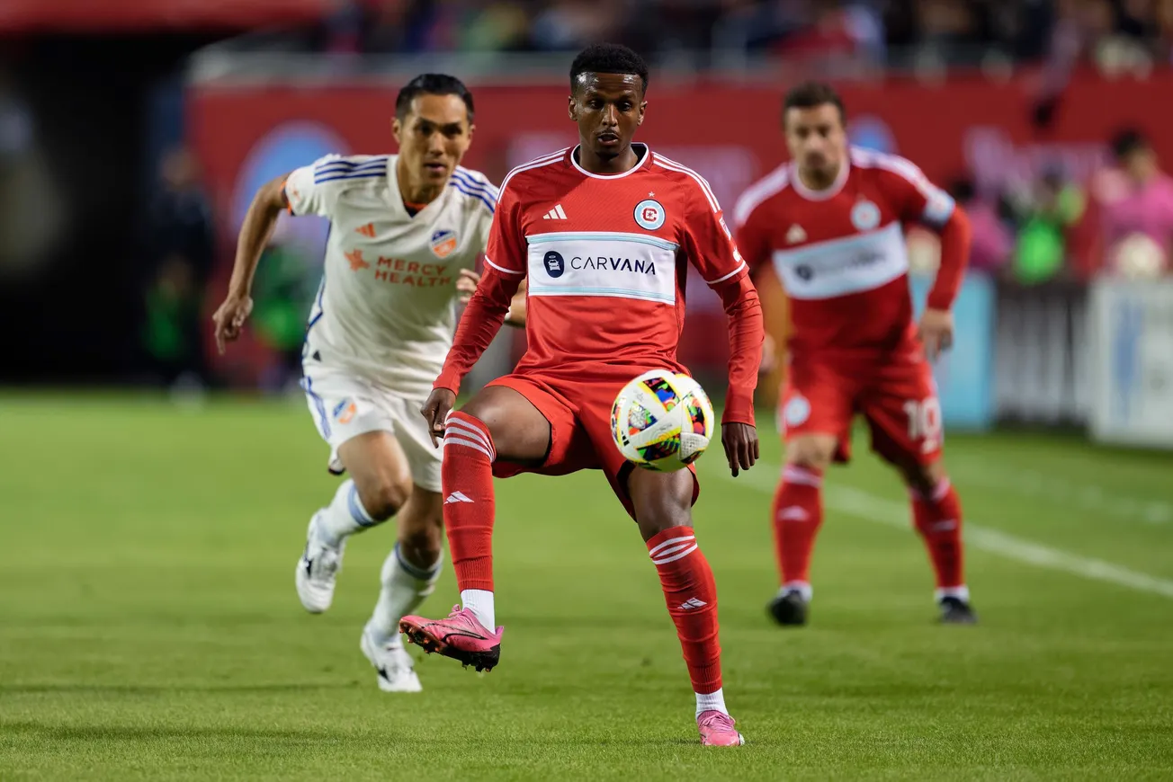Mar 2, 2024; Chicago, Illinois, USA; Chicago Fire FC midfielder Maren Haile-Selassie (7) controls the ball against FC Cincinn