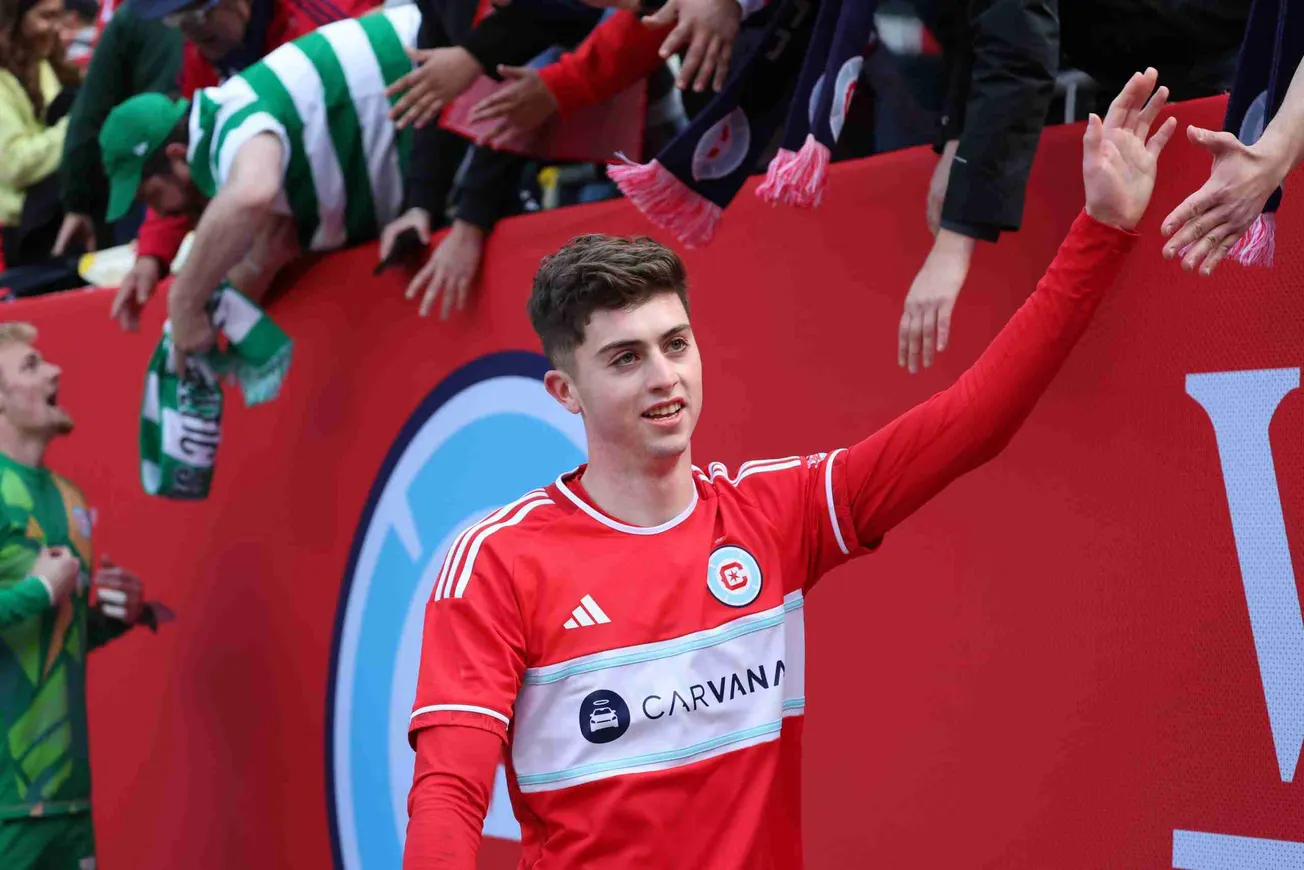 Mar 16, 2024; Chicago, Illinois, USA; Chicago Fire FC midfielder Brian Gutierrez (17) celebrates after defeating CF Montreal at Soldier Field. (Mike Dinovo-USA TODAY Sports)
