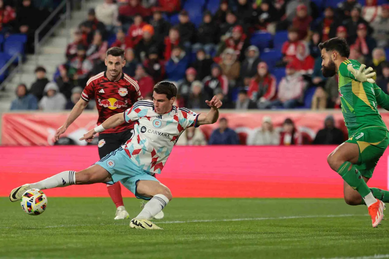 Apr 13, 2024; Harrison, New Jersey, USA; Chicago Fire FC forward Georgios ?outsias (19) kicks the ball against New York Red B