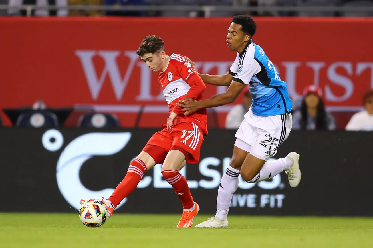 May 15, 2024; Chicago, Illinois, USA; Chicago Fire FC midfielder Brian Gutierrez (17) passes as Charlotte FC forward Tyger Sm