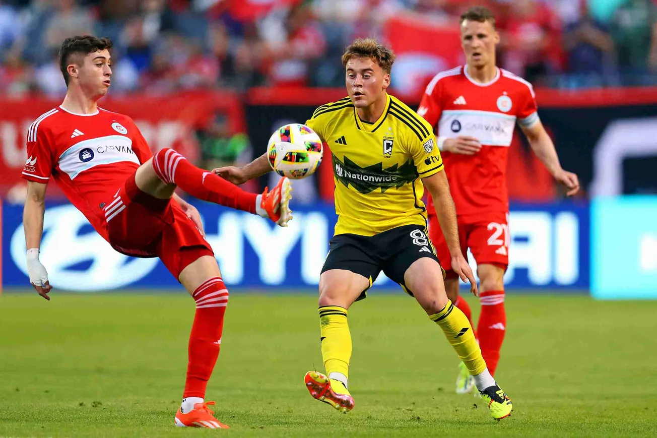 May 18, 2024; Chicago, Illinois, USA; Chicago Fire FC midfielder Brian Gutierrez (17) kicks the ball against Columbus Crew mi