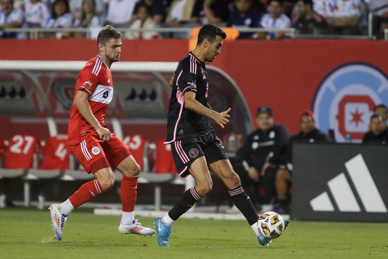 Aug 31, 2024; Chicago, Illinois, USA; Inter Miami CF defender Sergio Busquets (5) controls the ball against Chicago Fire FC f