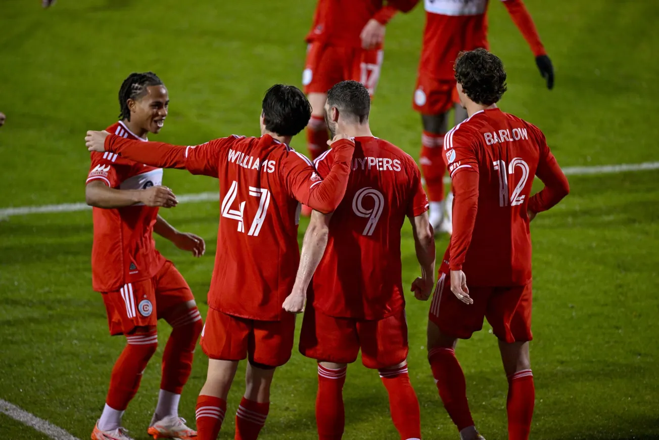 Mar 8, 2025; Frisco, Texas, USA; Chicago Fire forward Hugo Cuypers (9) and forward Tom Barlow (12) and midfielder Sam William