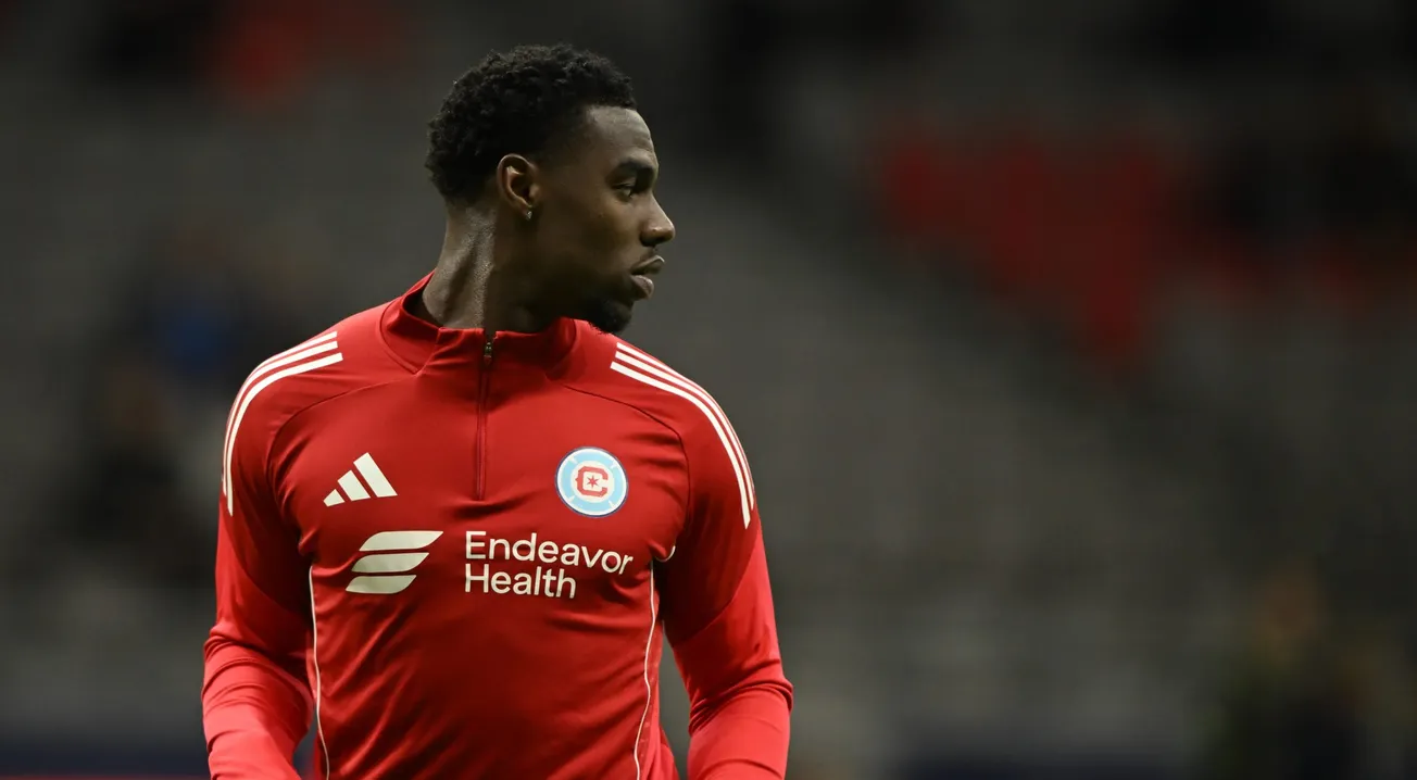 Mar 22, 2025; Vancouver, British Columbia, CAN; Chicago Fire FC defender Carlos Teran (4) warms up prior to the second half a